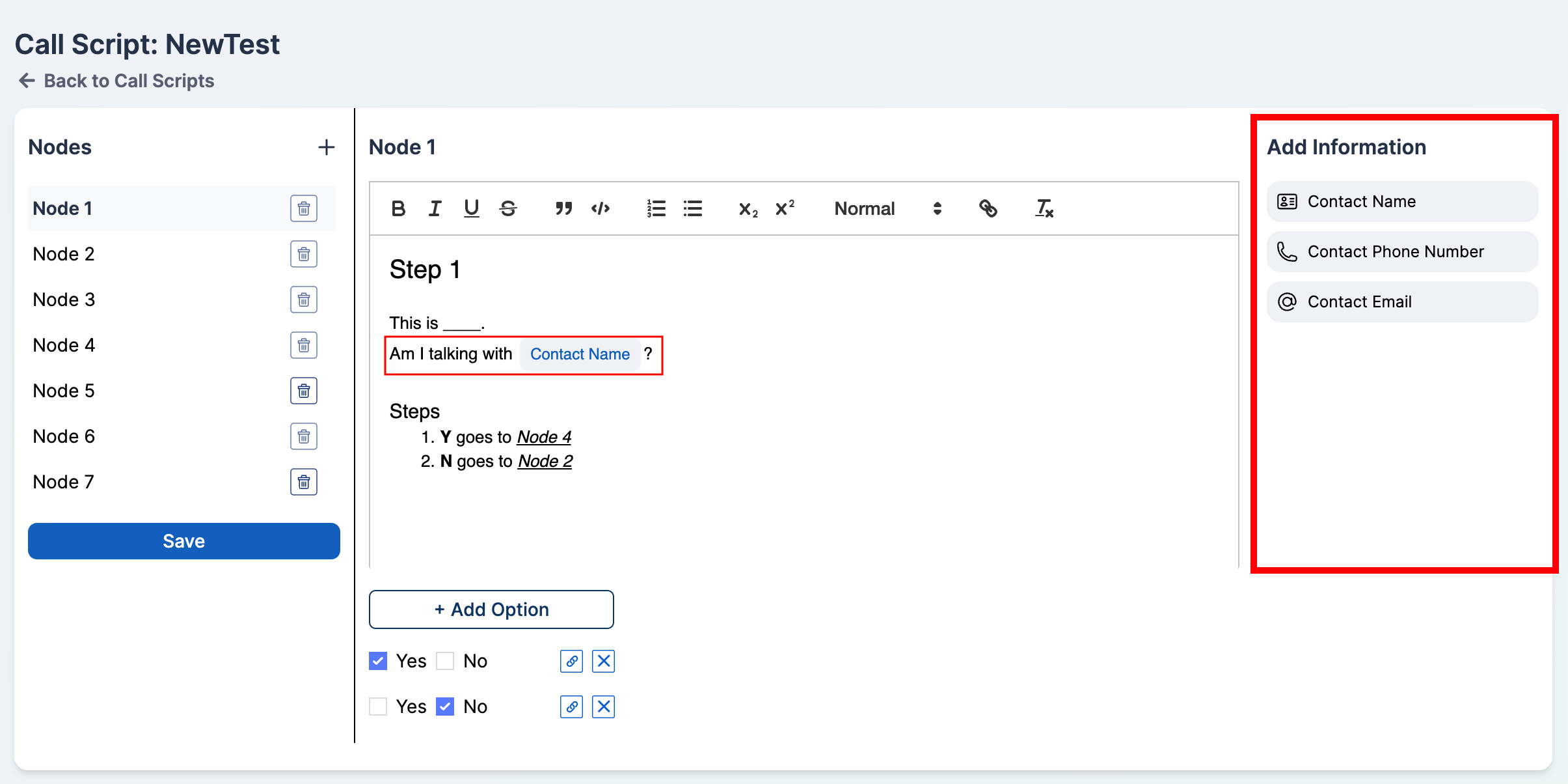 Add Information panel with three contact variable tokens