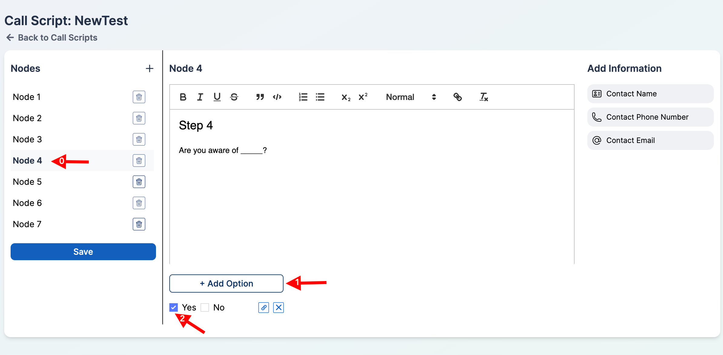 Add Option button below the node content editor