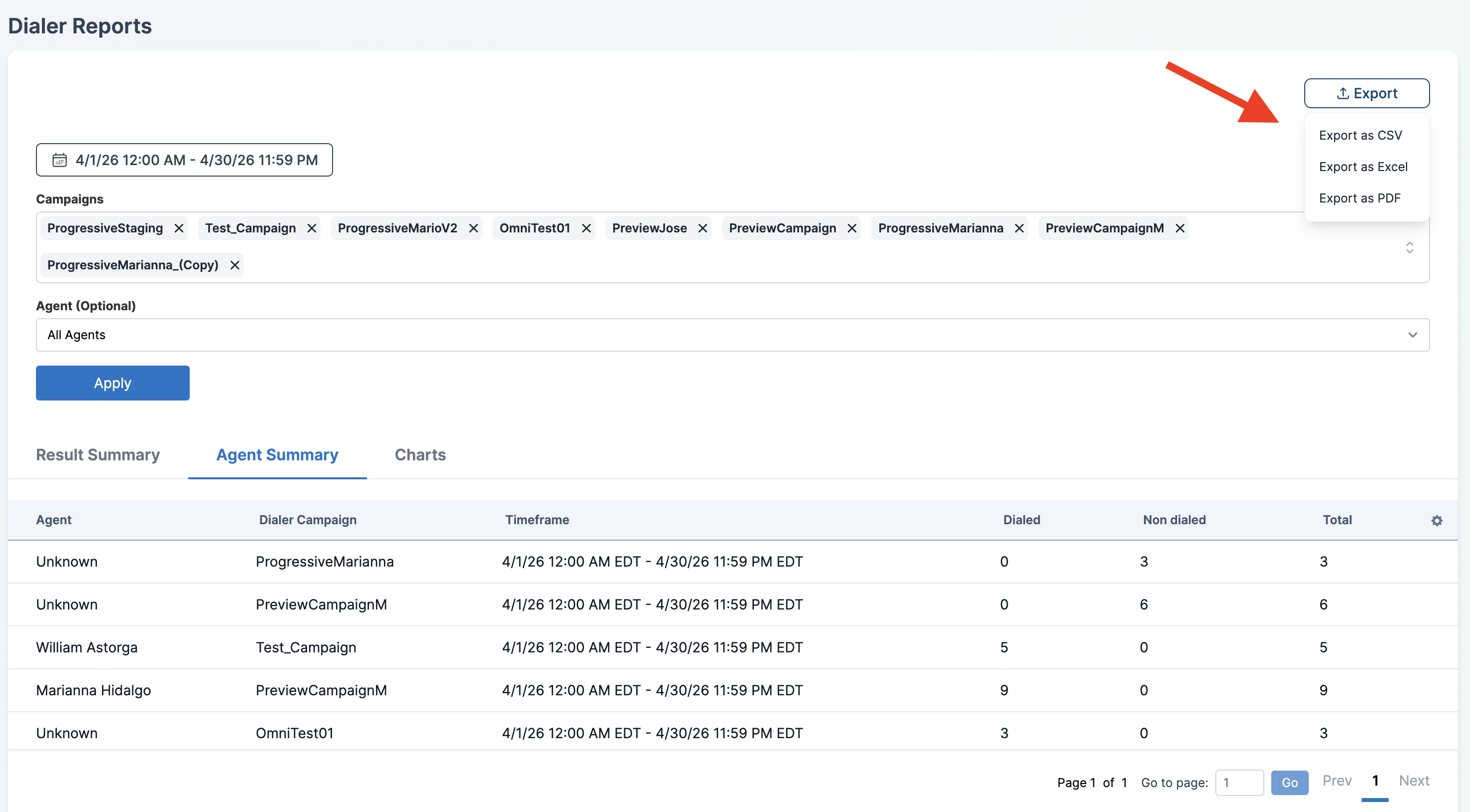 Export dropdown on the Agent Summary tab