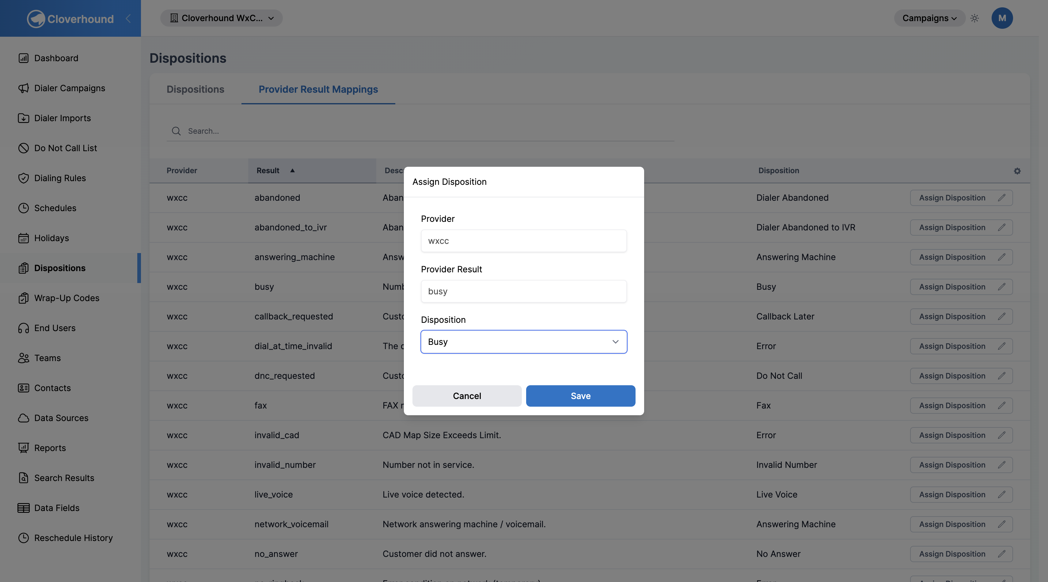 Assign Disposition modal with the disposition dropdown open
