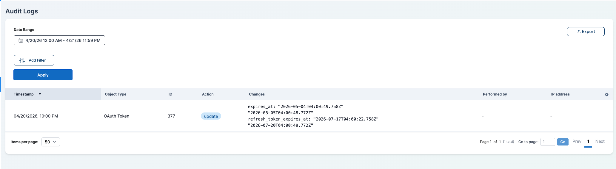 Audit Logs table