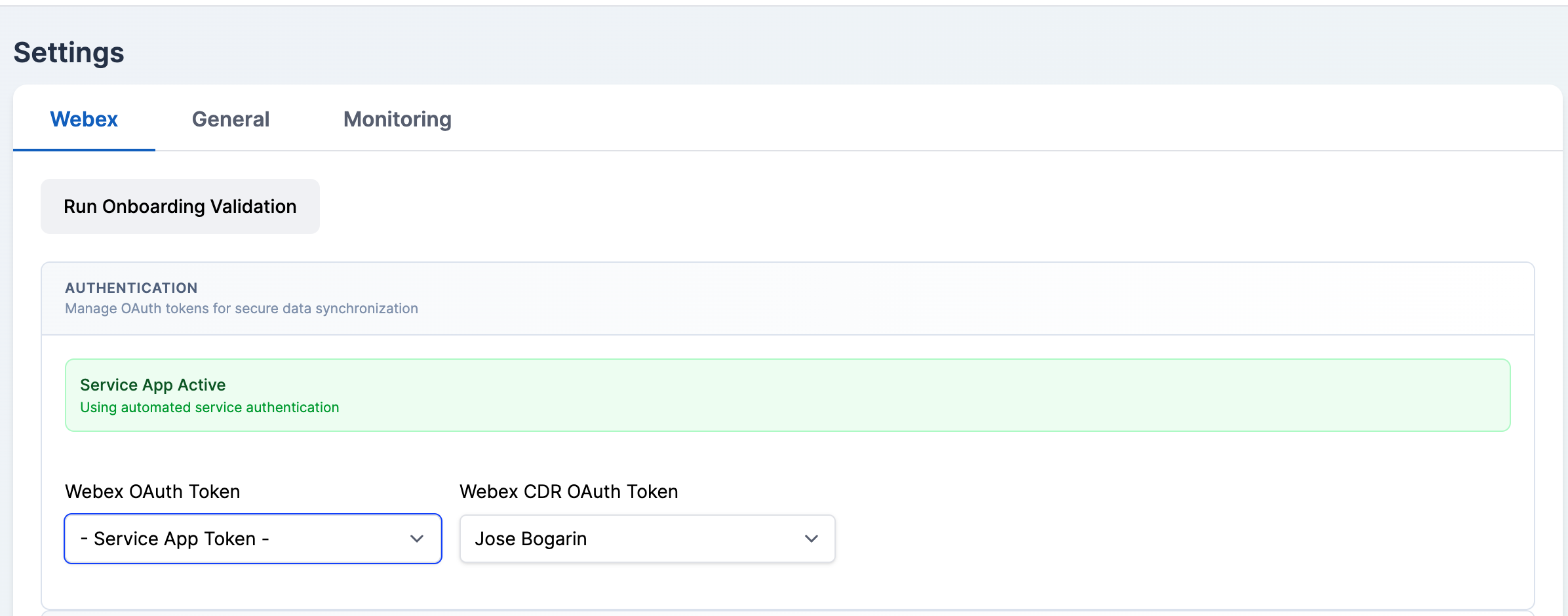 Authentication section with OAuth token dropdowns