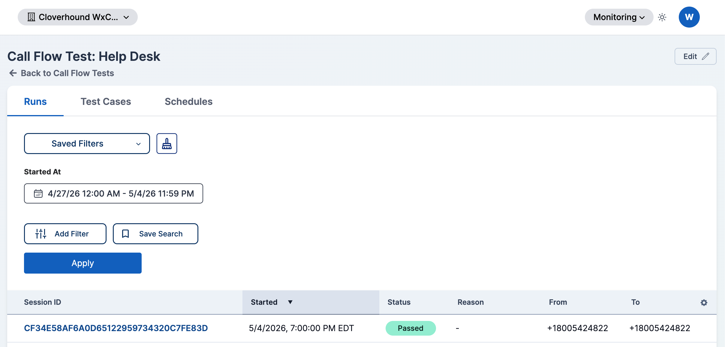 Call Flow Test detail page with Runs, Test Cases, and Schedules tabs