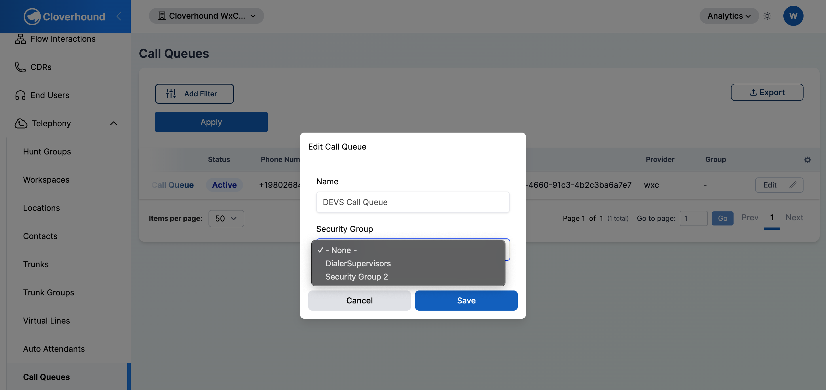 Edit Call Queue modal with Security Group dropdown