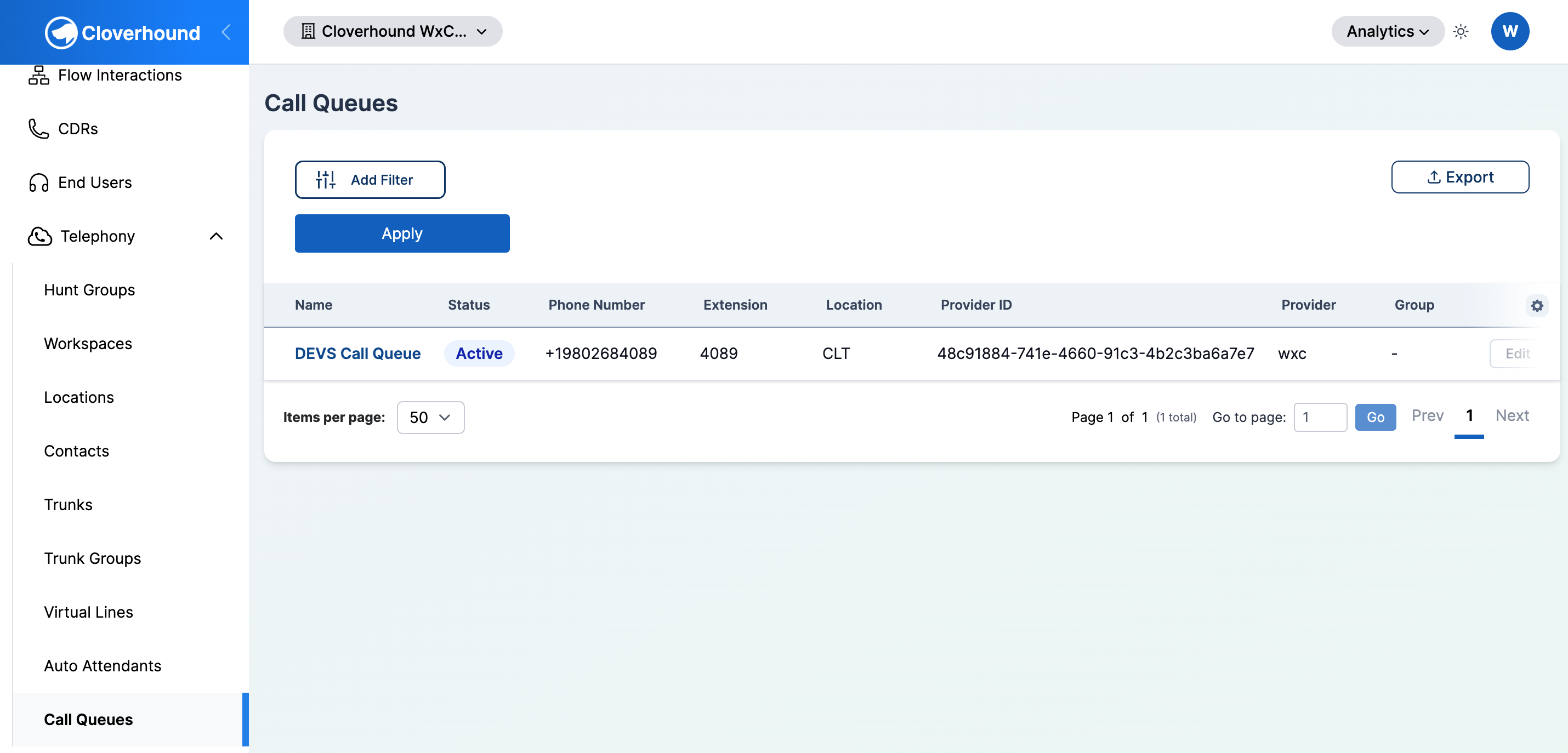 Call Queues table with columns and filter panel
