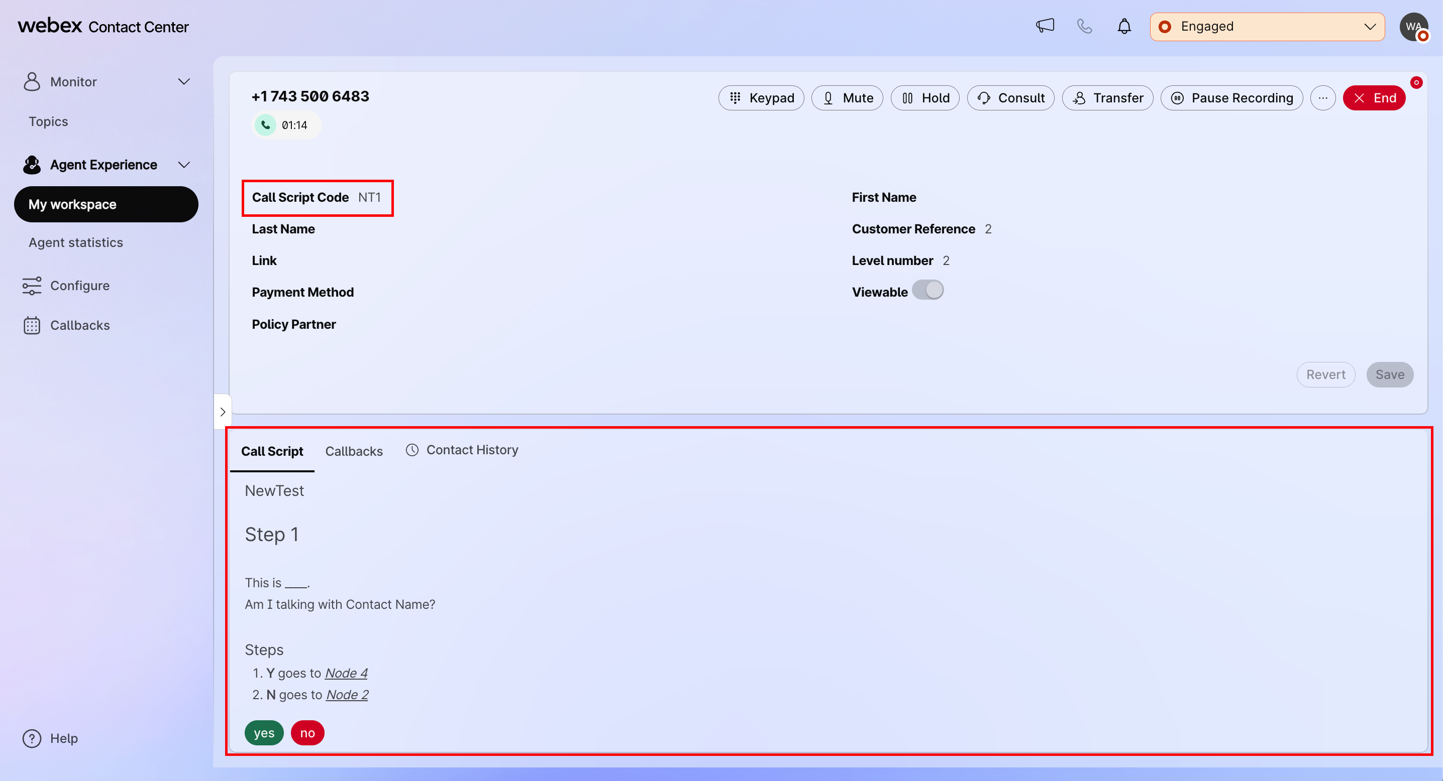 Call Script widget showing a node in the Webex Contact Center Agent Desktop