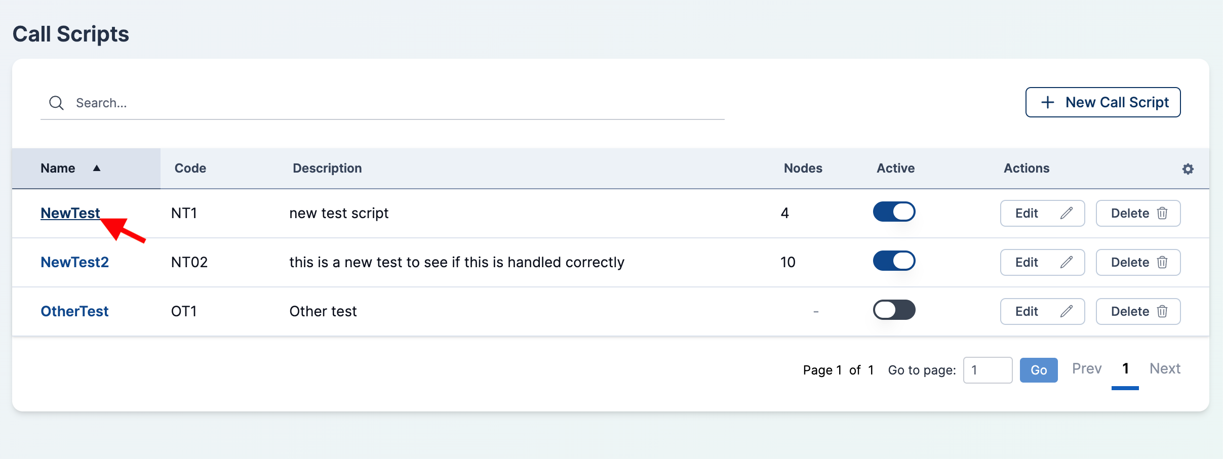 Call Scripts index with a script name linked