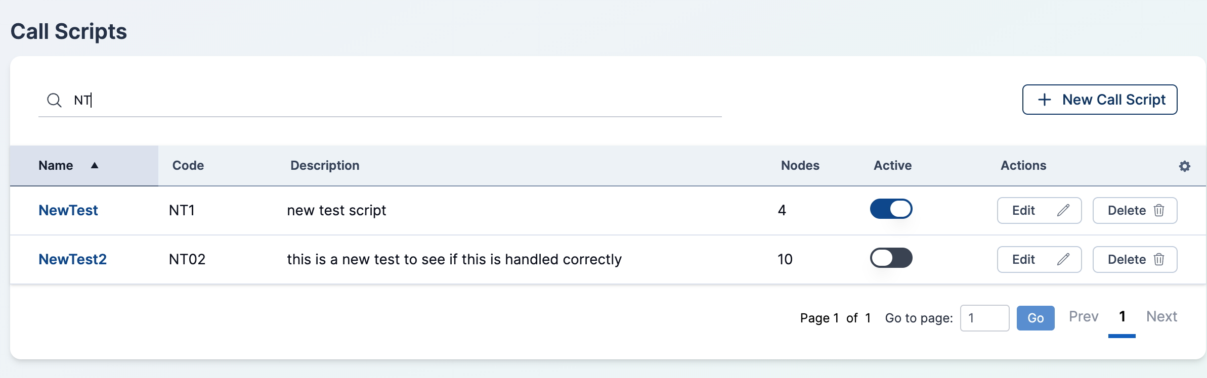 Search box filtering the call scripts list