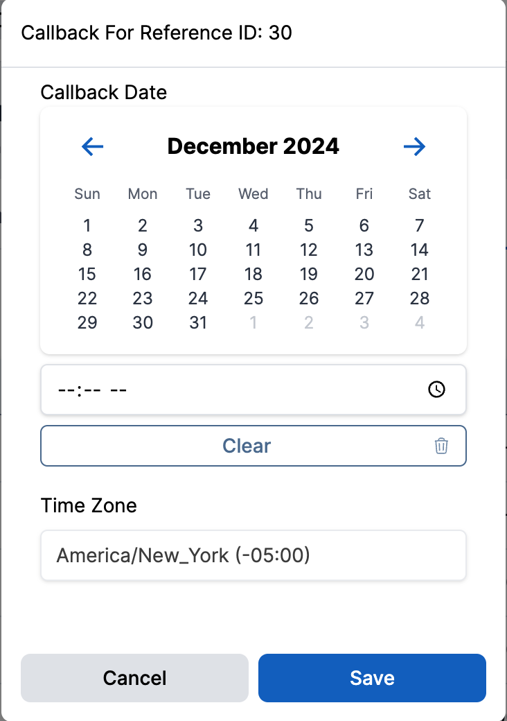 Callback Record Form Cleared