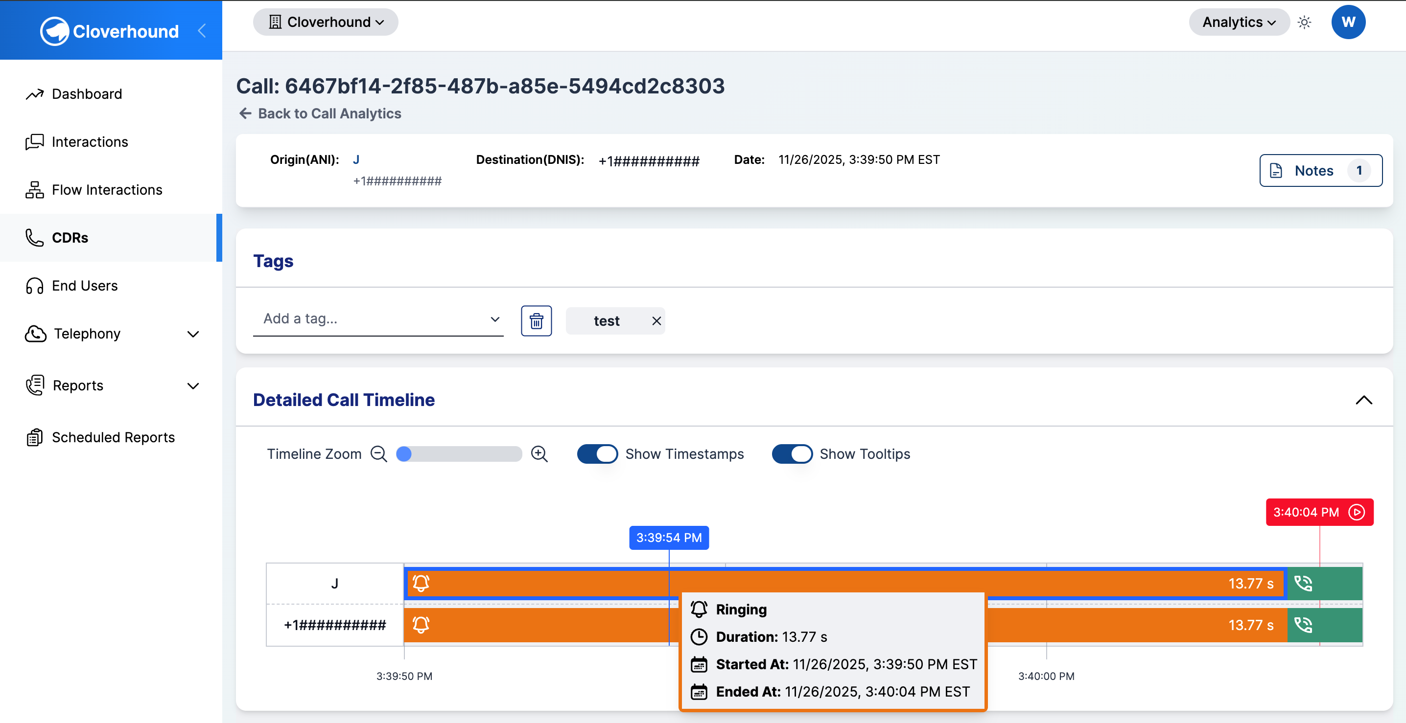 Calls page in Analytics