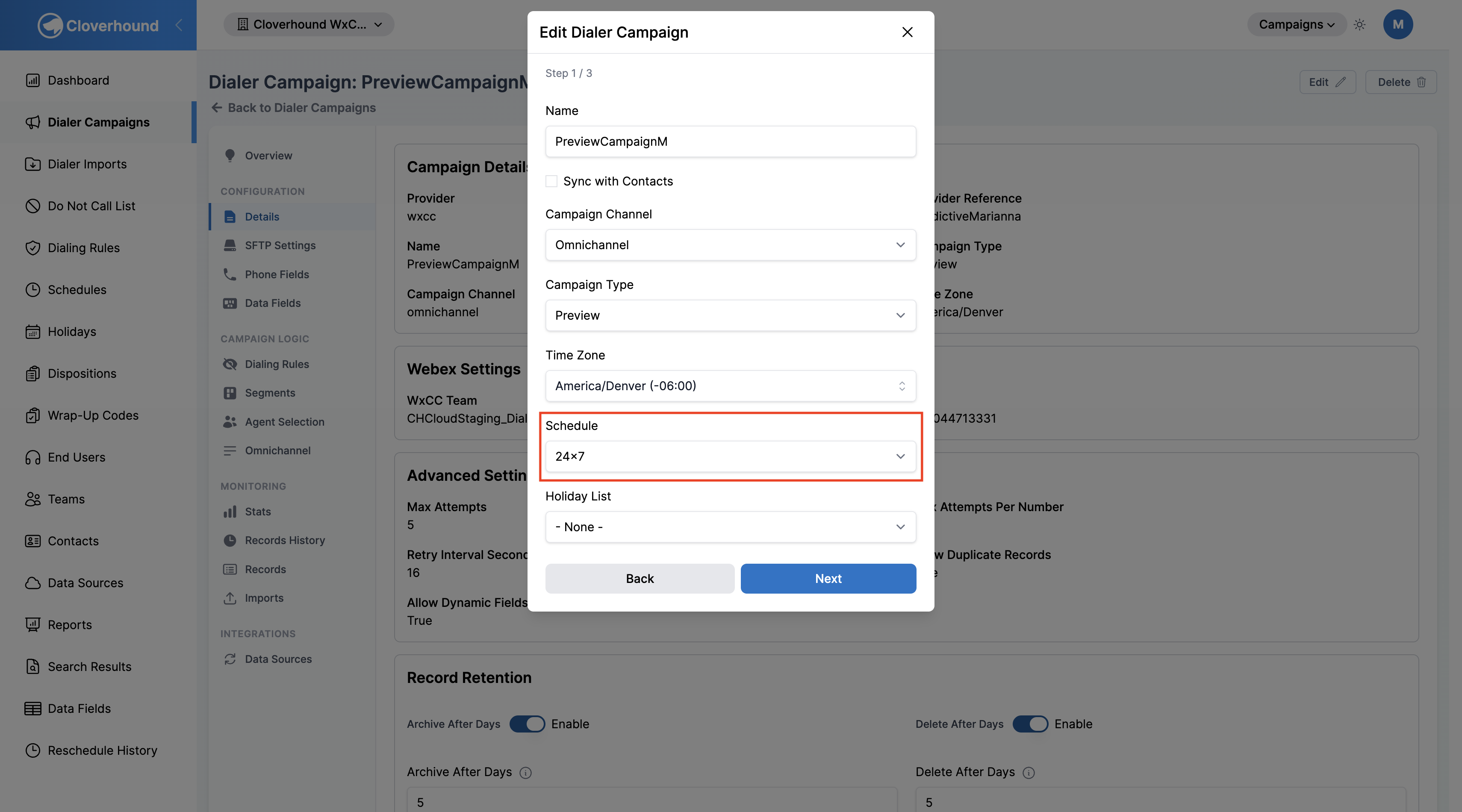 Schedule dropdown on campaign form step 1