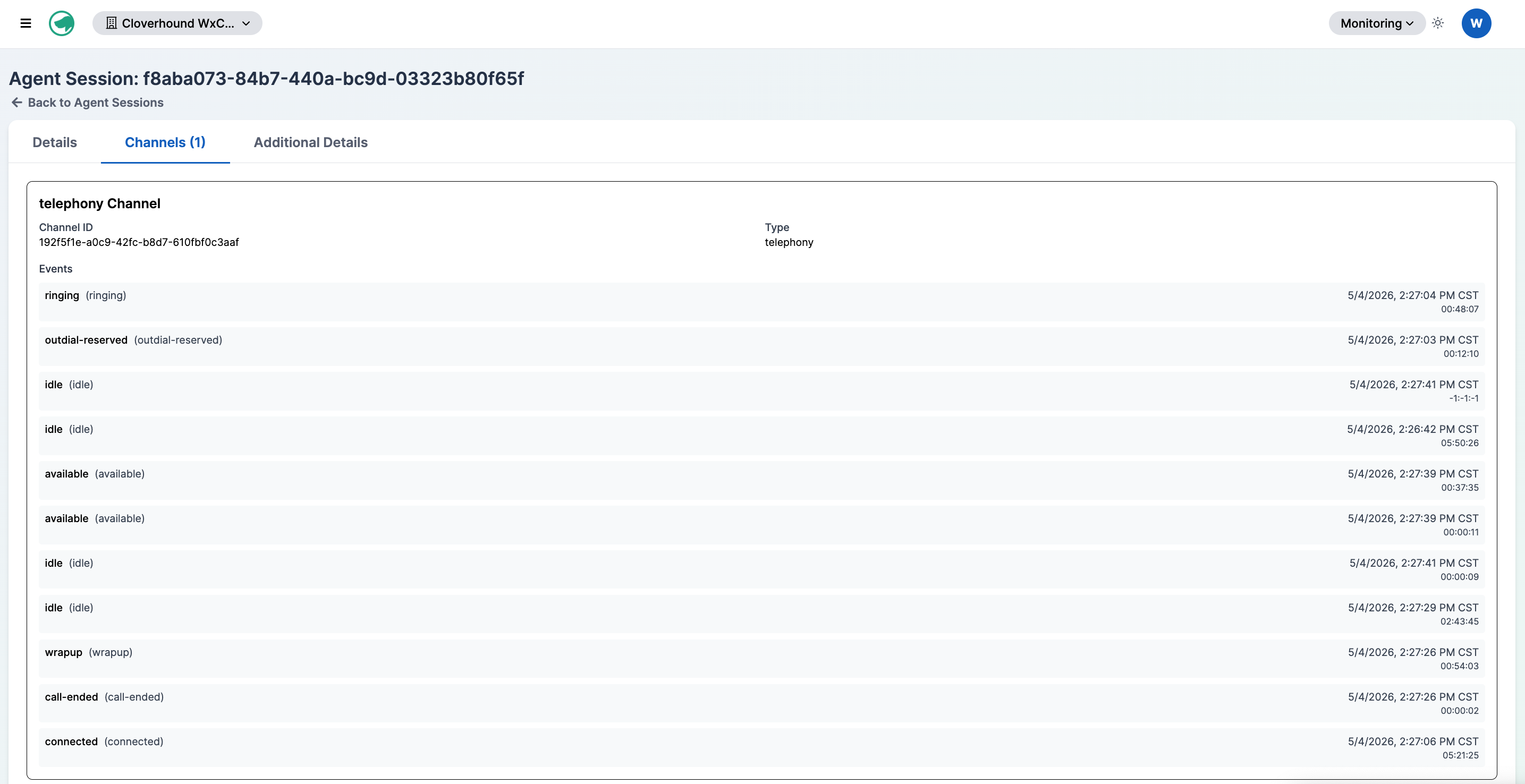 Agent Session channels tab