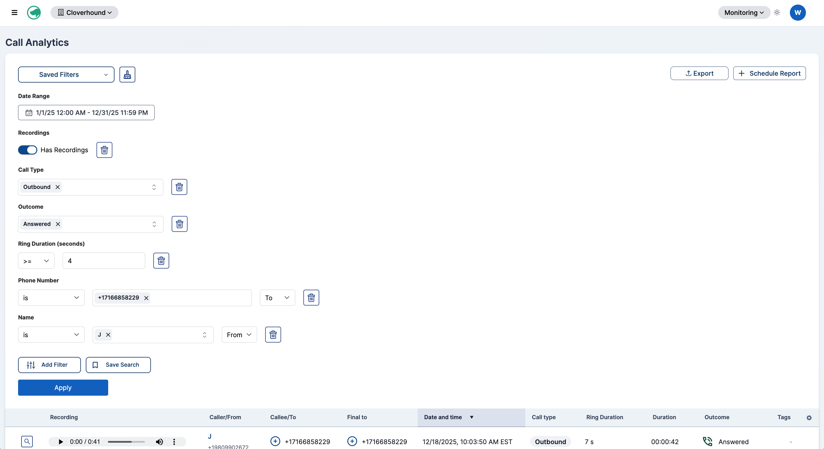 Configured filters on an Analytics table