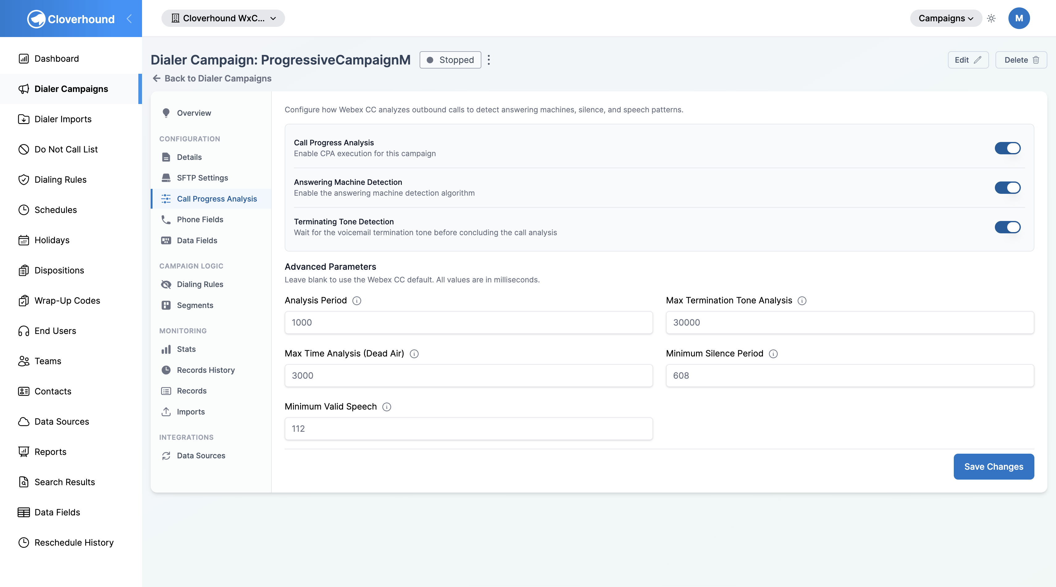 Call Progress Analysis tab in the campaign sidebar