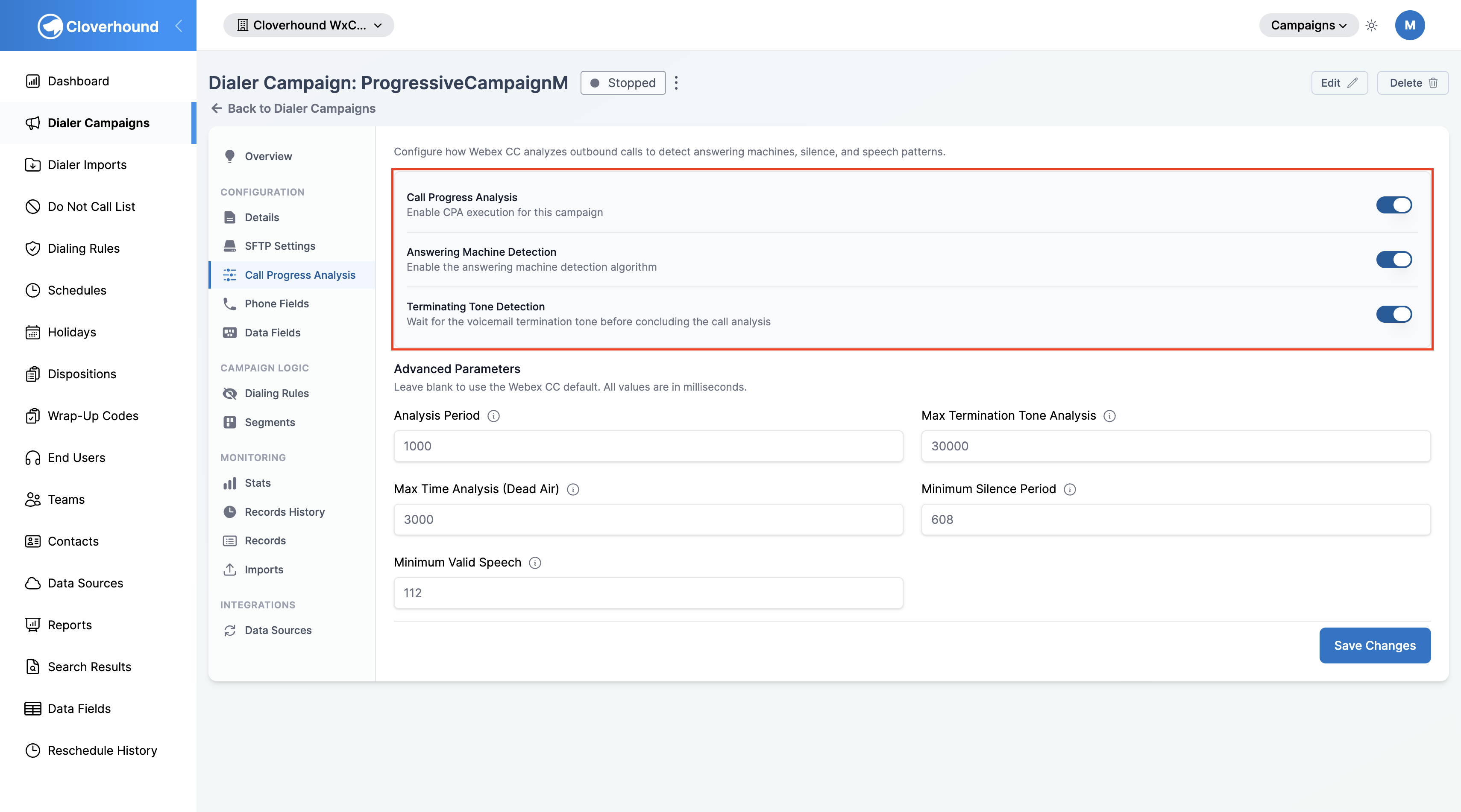 CPA toggles with Call Progress Analysis, Answering Machine Detection, and Terminating Tone Detection