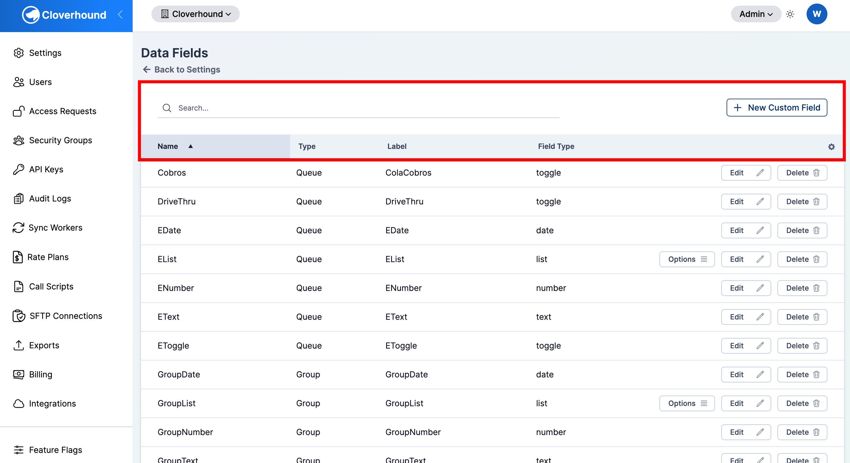 The Custom Fields page