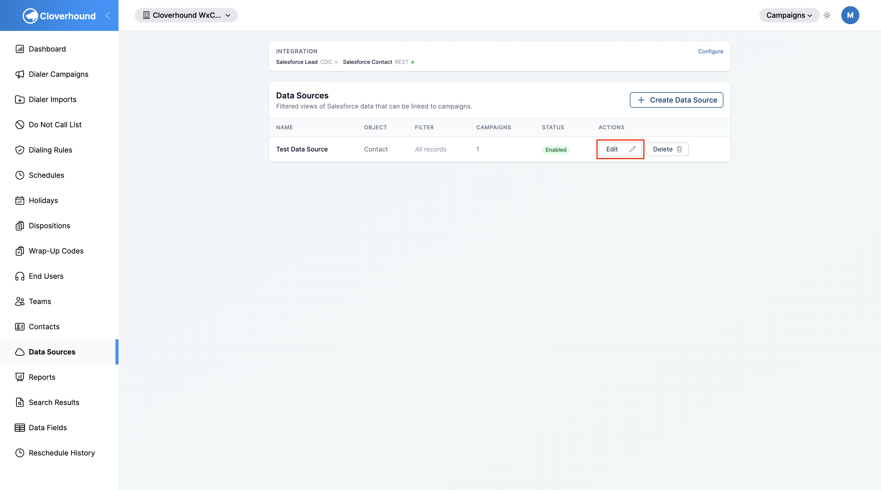 Edit and Delete actions on a data source row