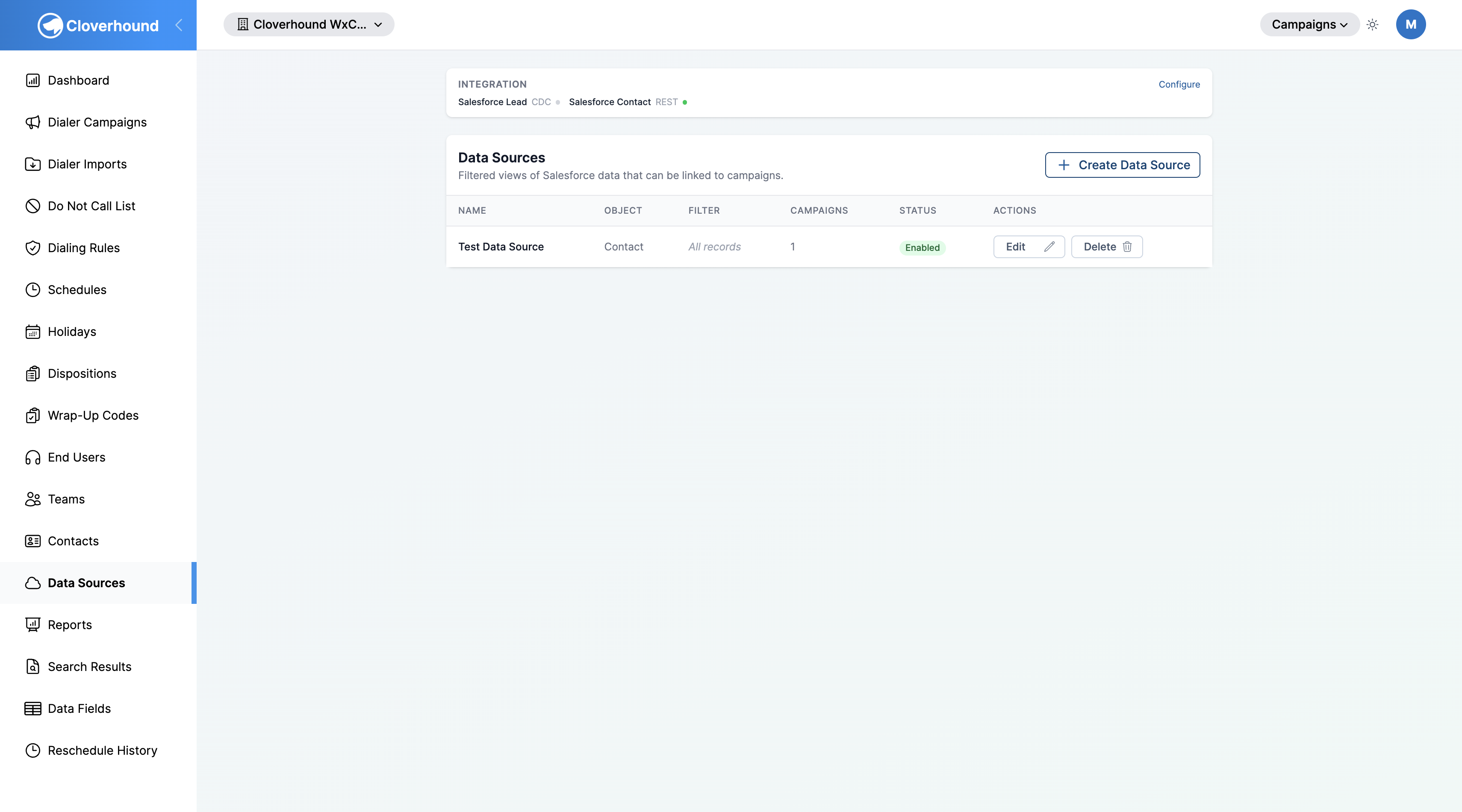 Data Sources page with integration status and data source list