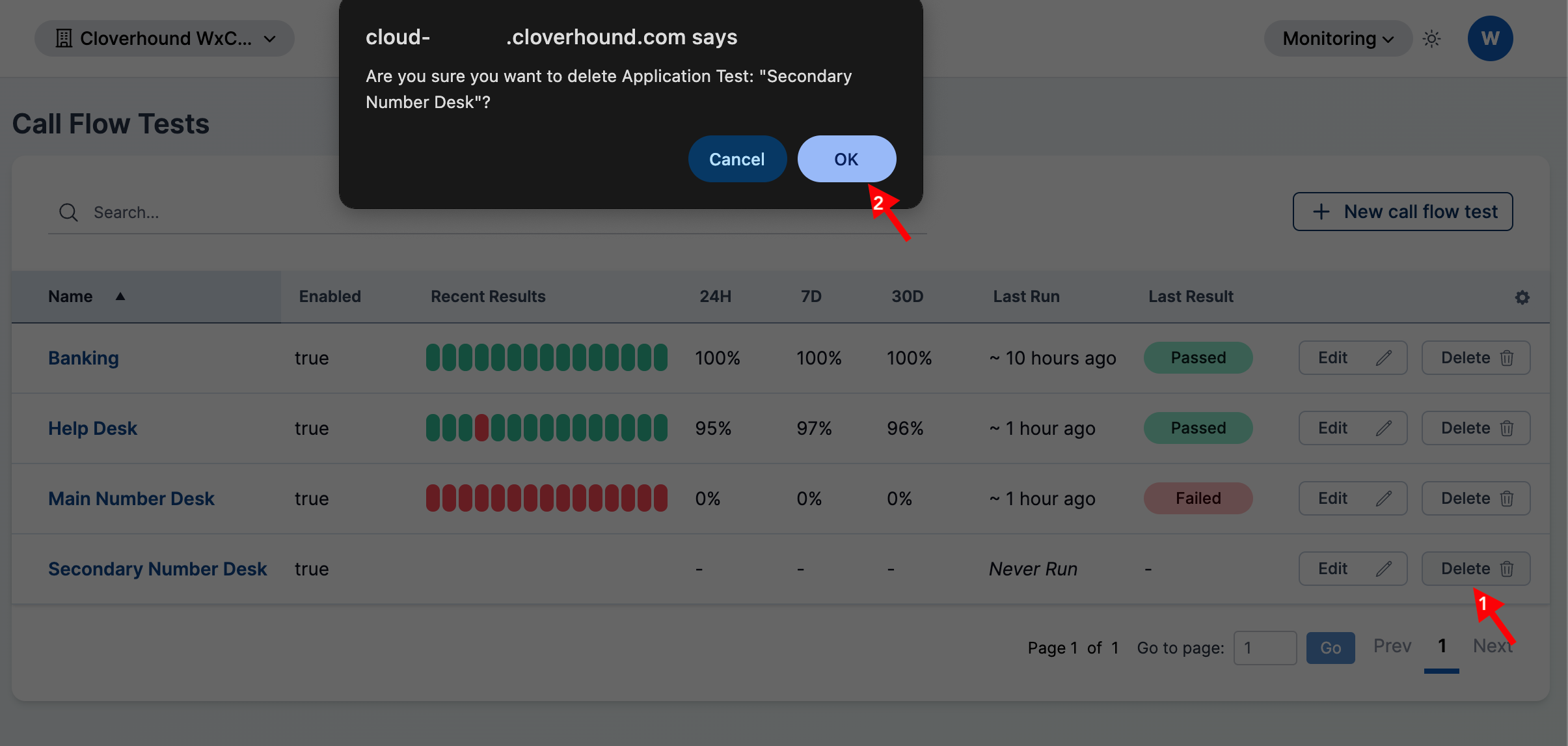 Delete button on a Call Flow Test row