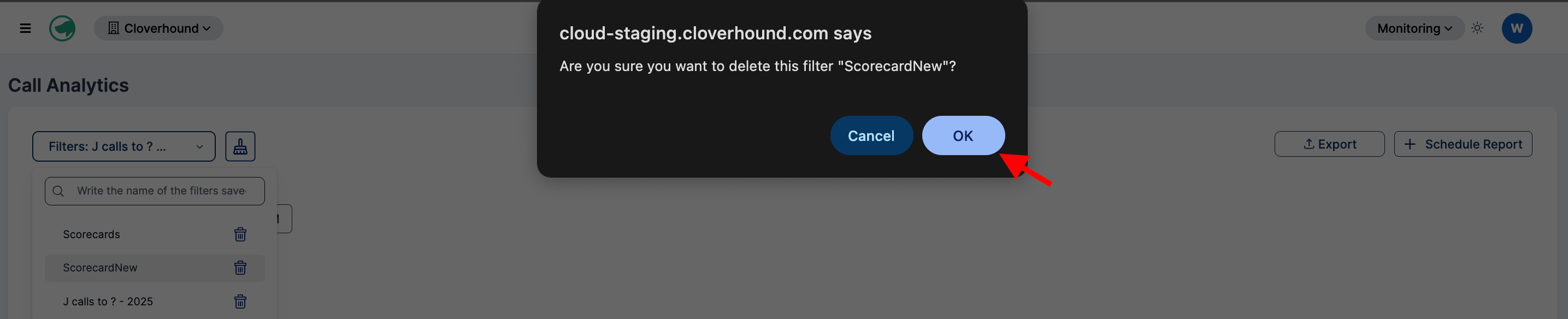 Browser confirmation prompt for deleting a saved filter