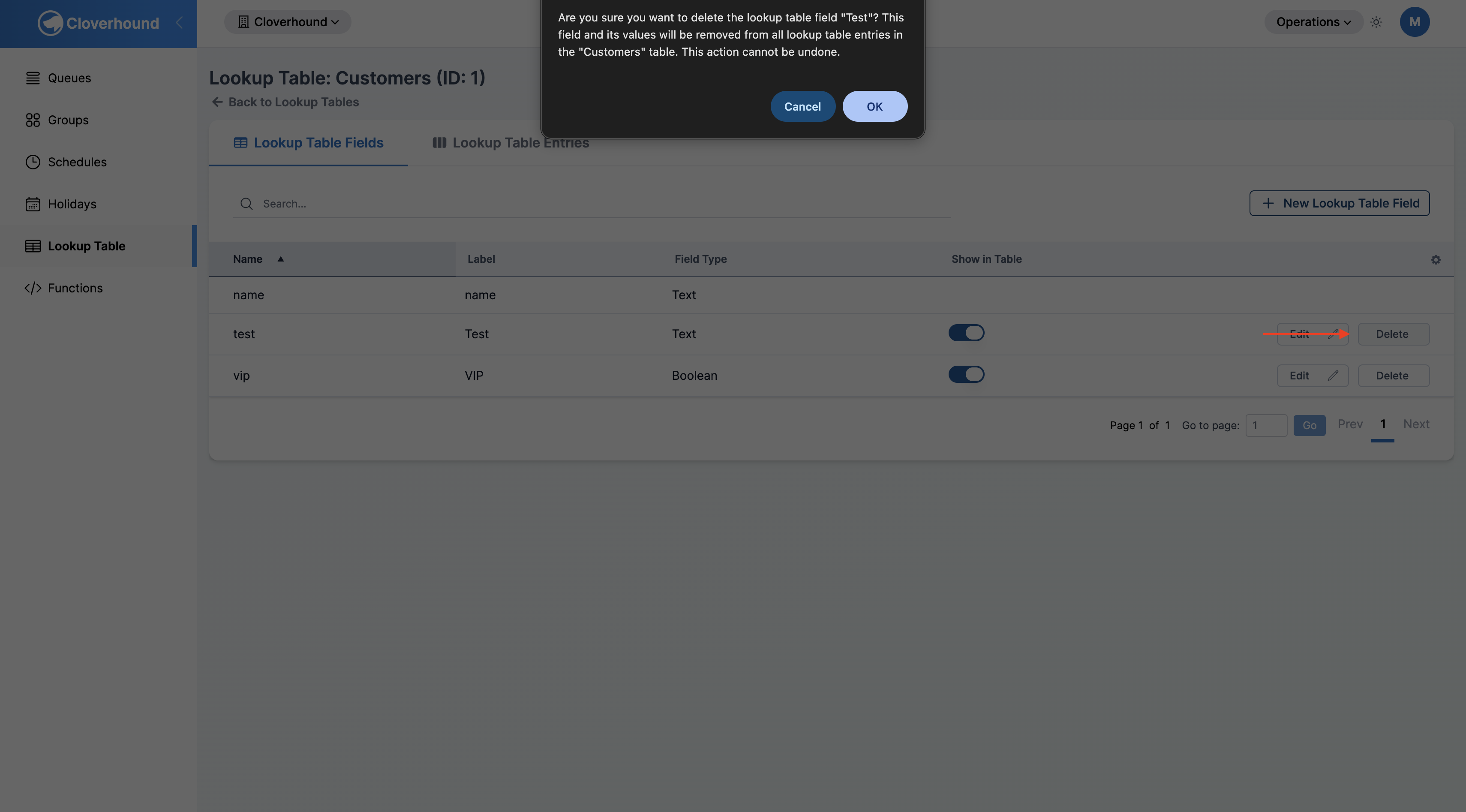 Delete field confirmation dialog