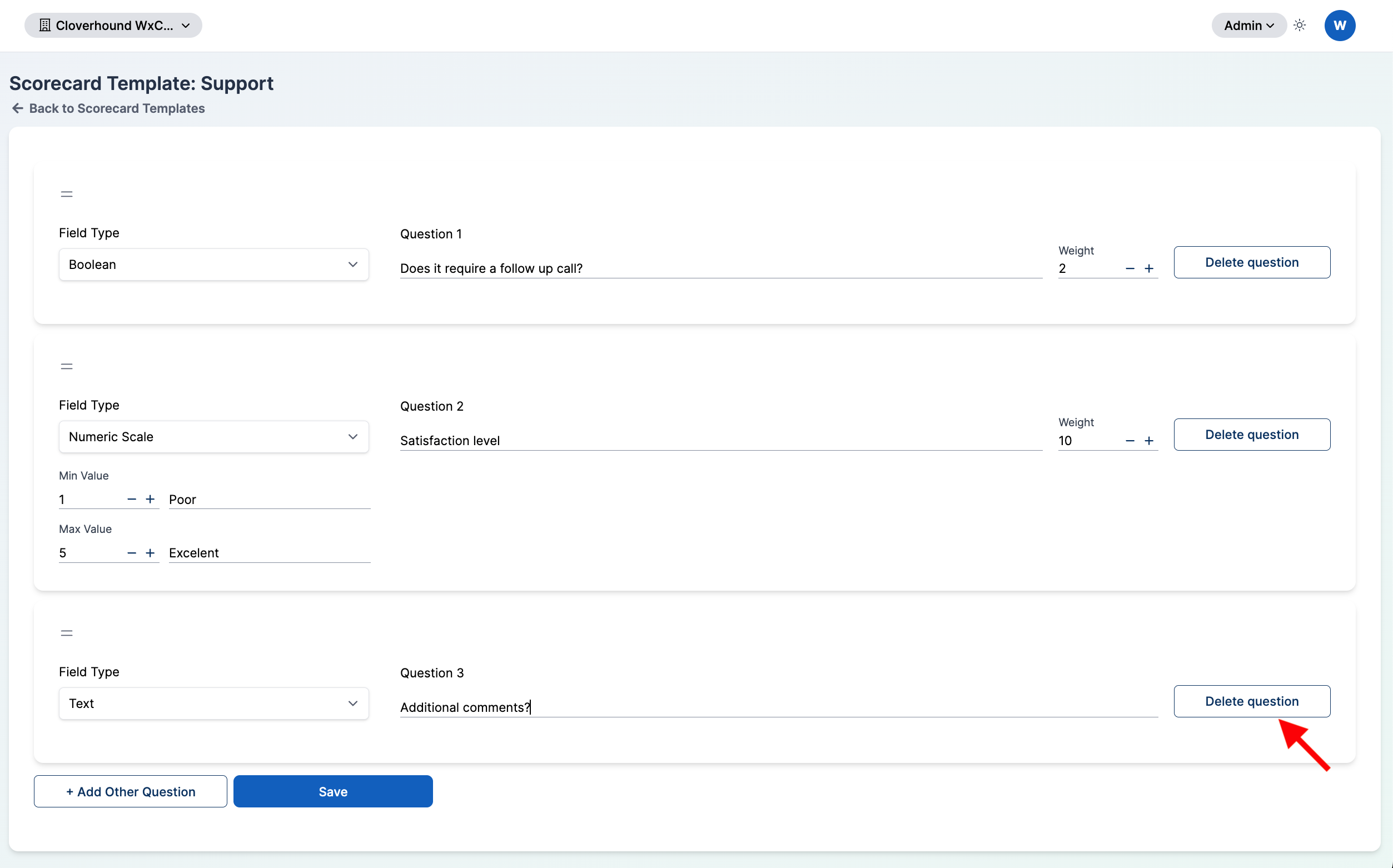 Delete question button on a question card