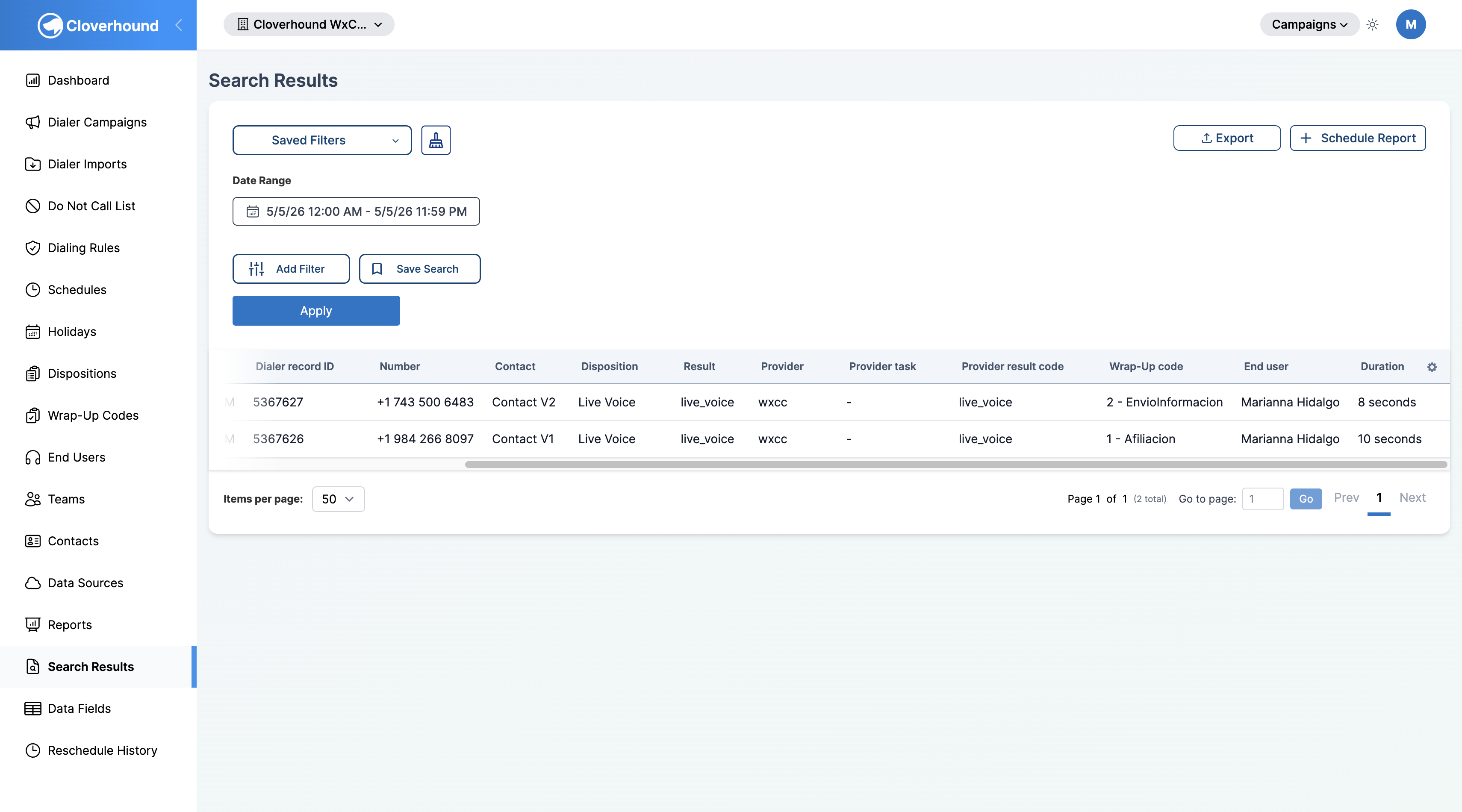 Dialer Results table columns