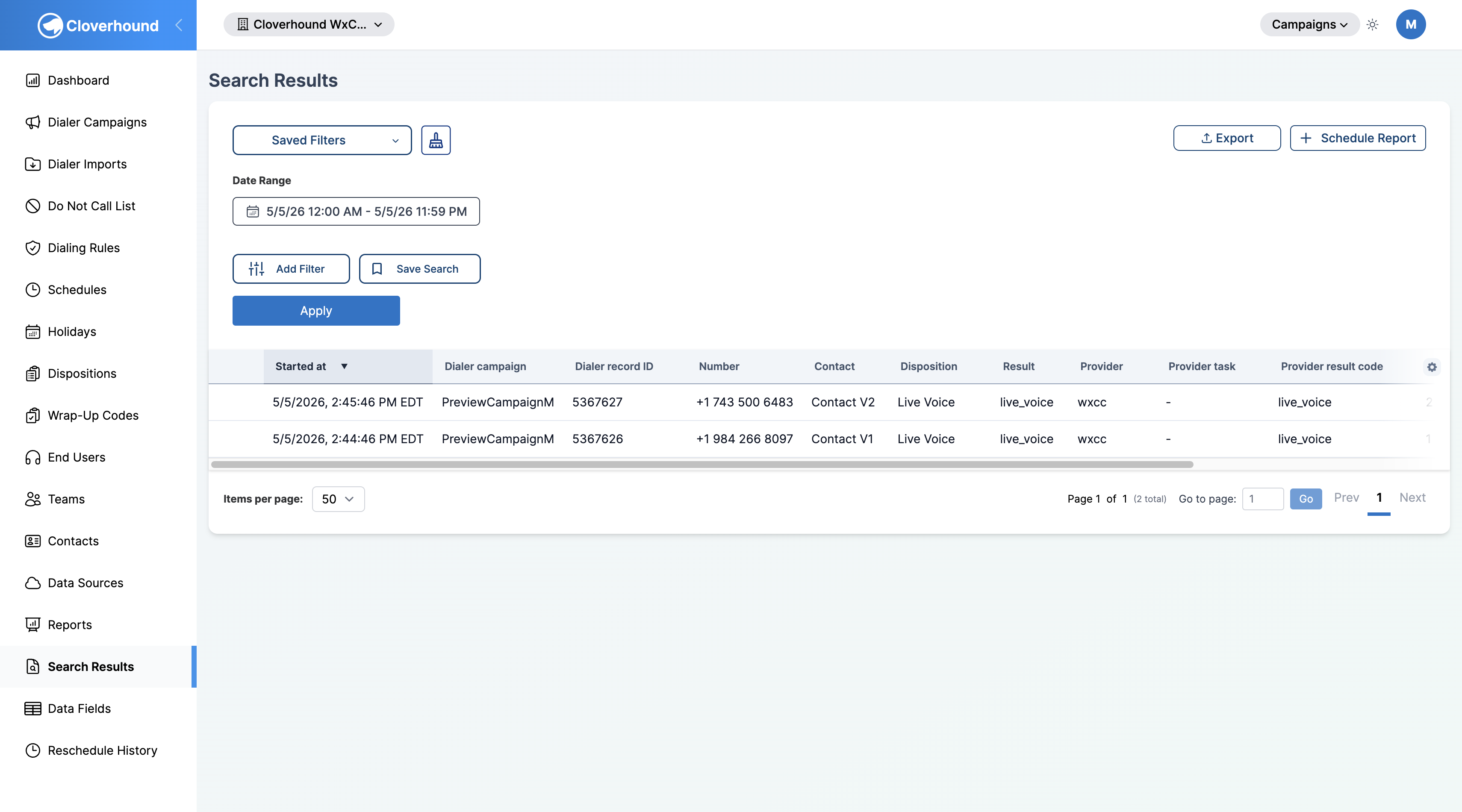 Dialer Results page in the Campaigns module
