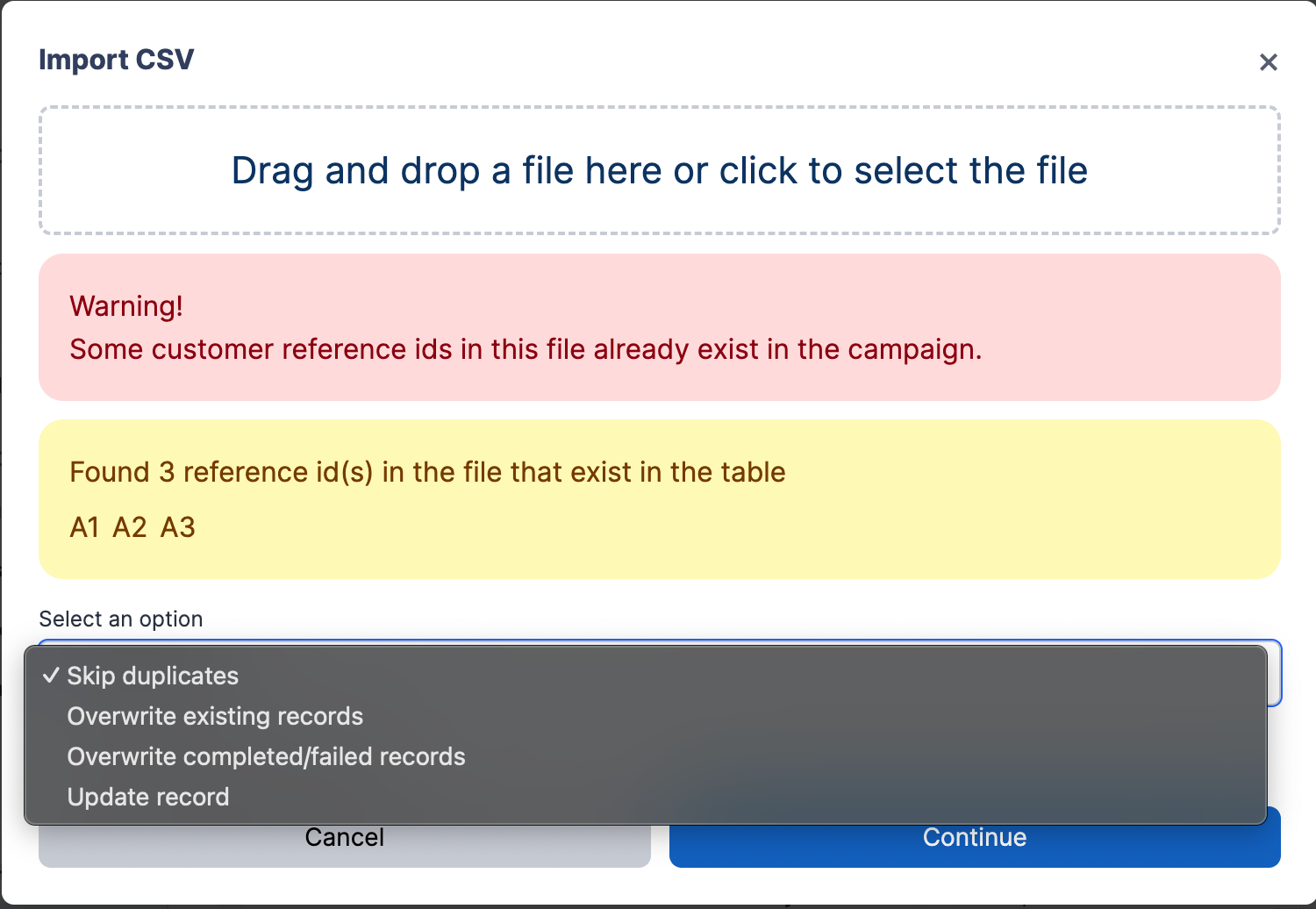 Duplicate handling options in the upload modal