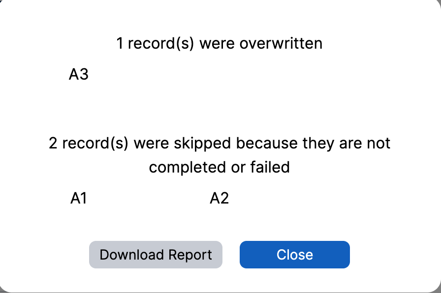 Post-import report with the overwritten and skipped sections