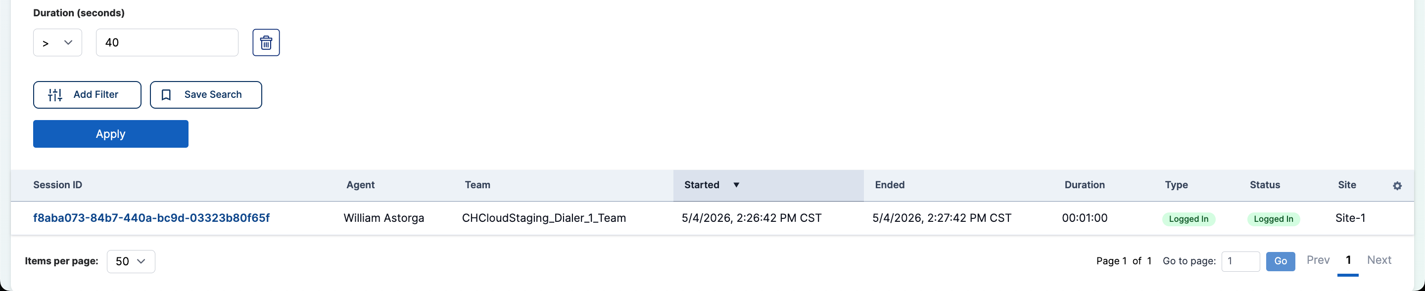 Agent Sessions duration filter