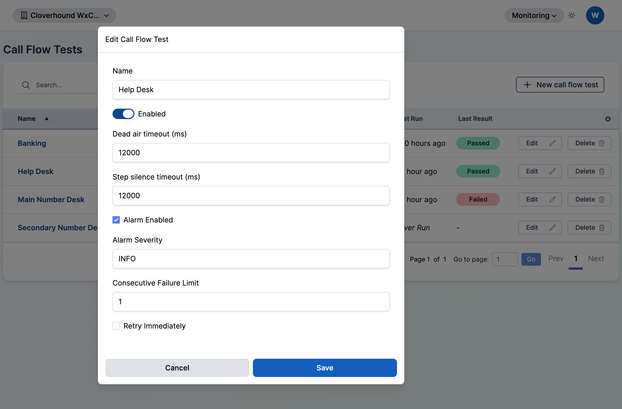 Edit button on a Call Flow Test row, next to the Delete button
