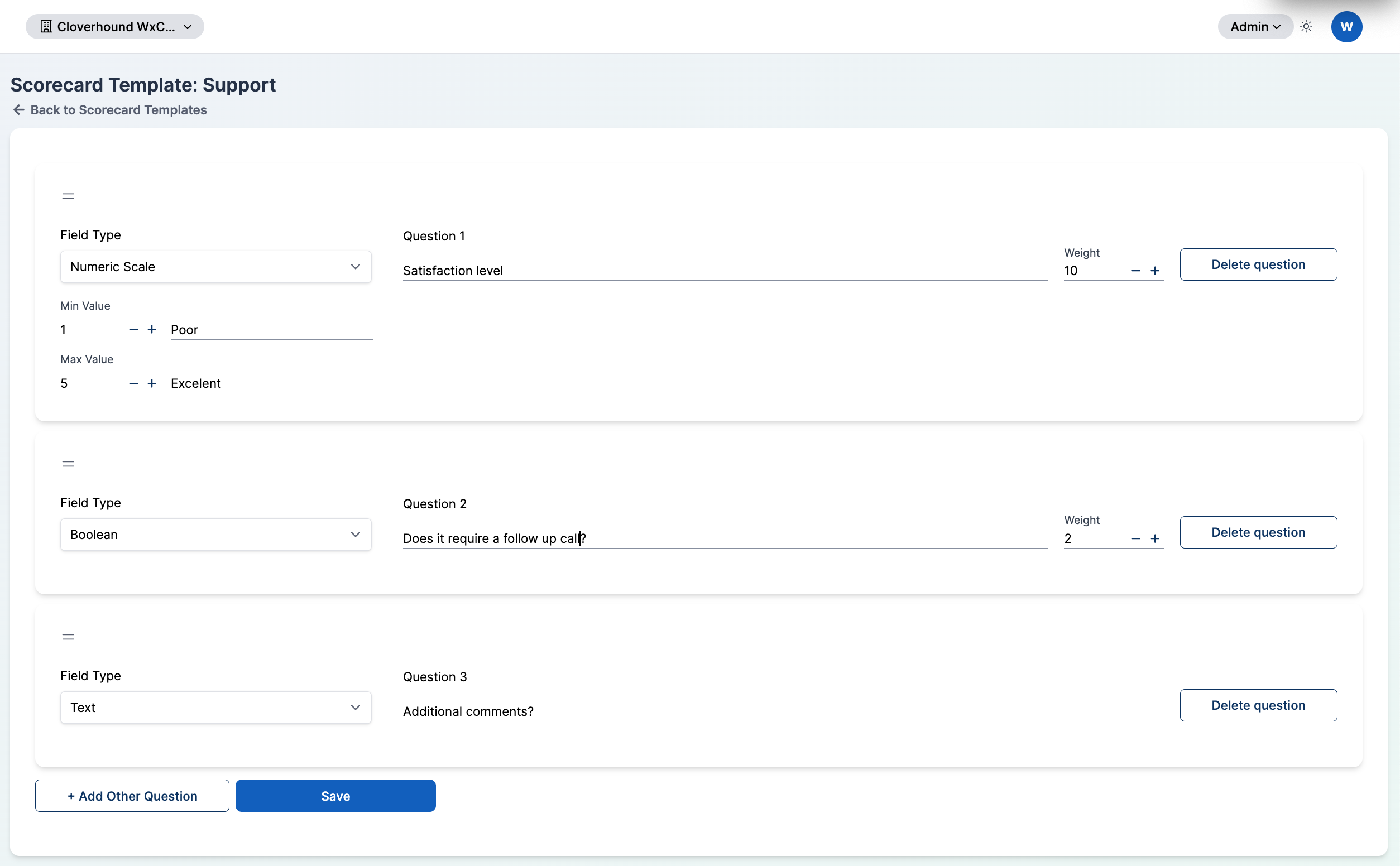 Question card in edit mode with field type, question, and weight inputs