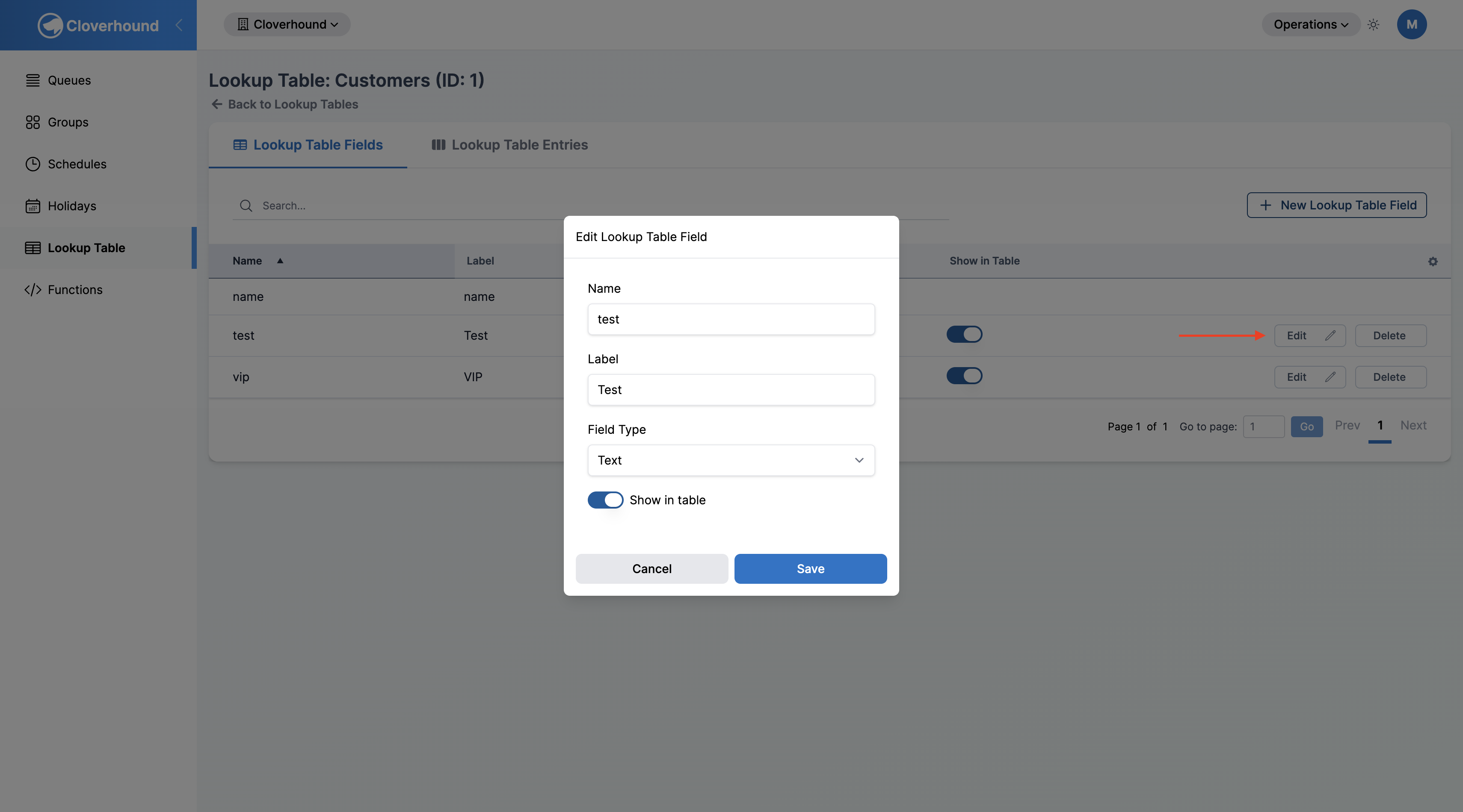 Edit Lookup Table Field form