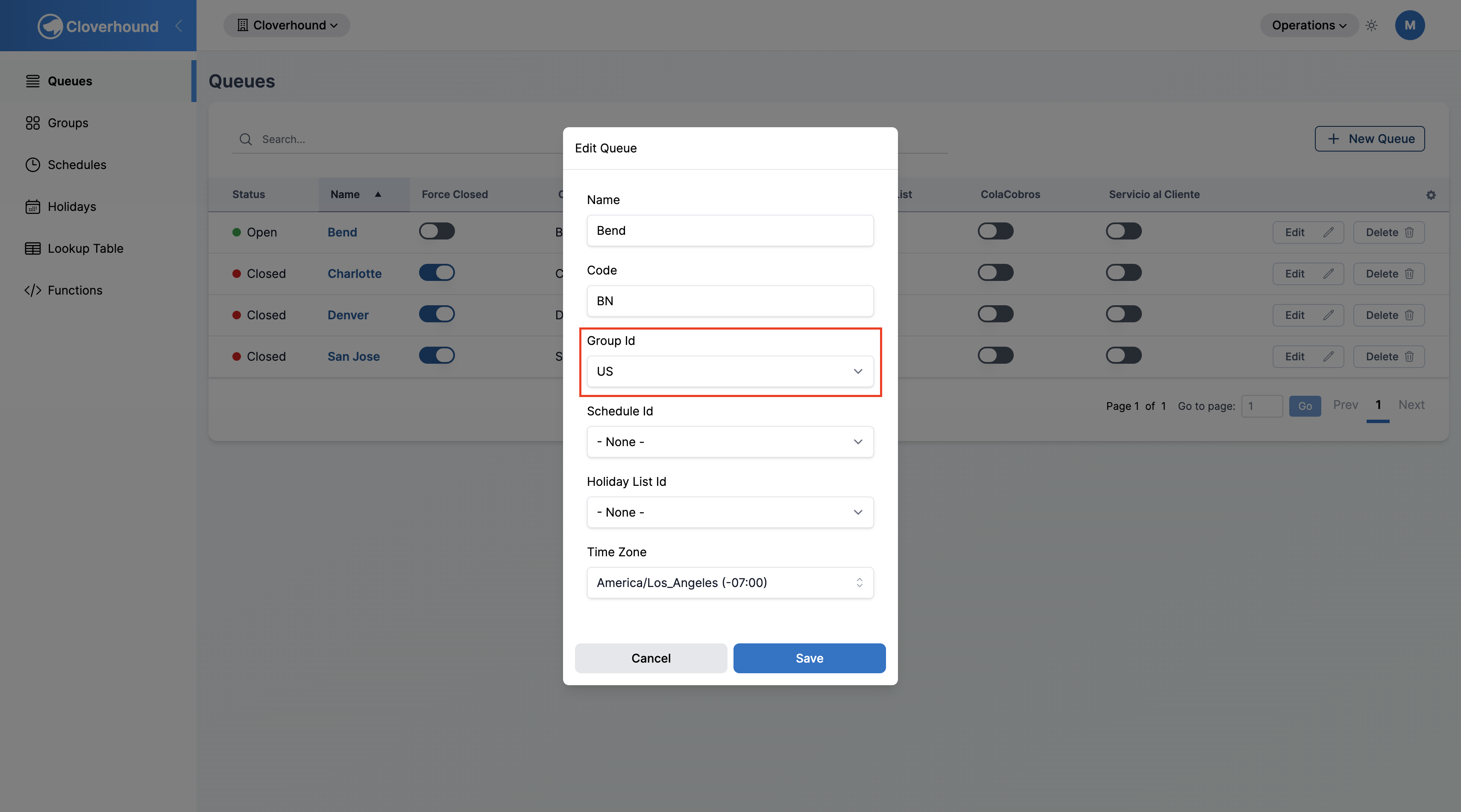 The Group dropdown on the entity form