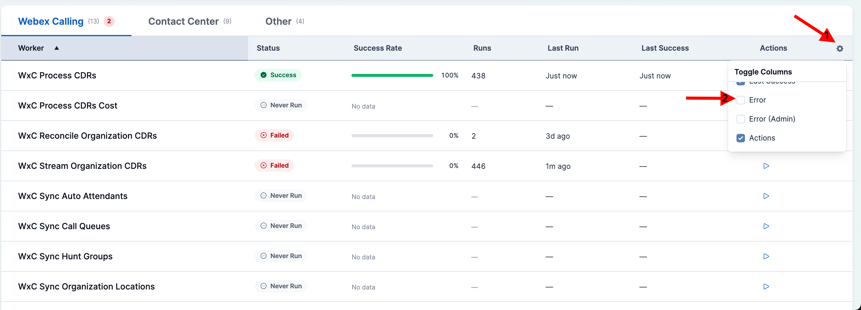 Enabling the Error column from the column chooser