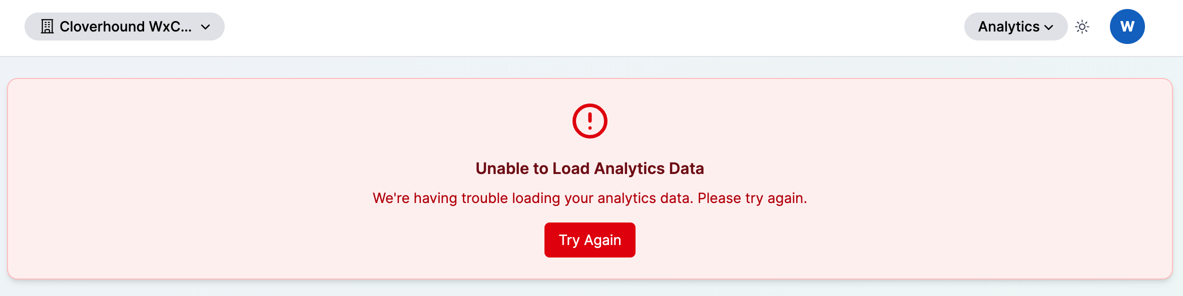Error card with "Unable to Load Analytics Data" message and a Try Again button