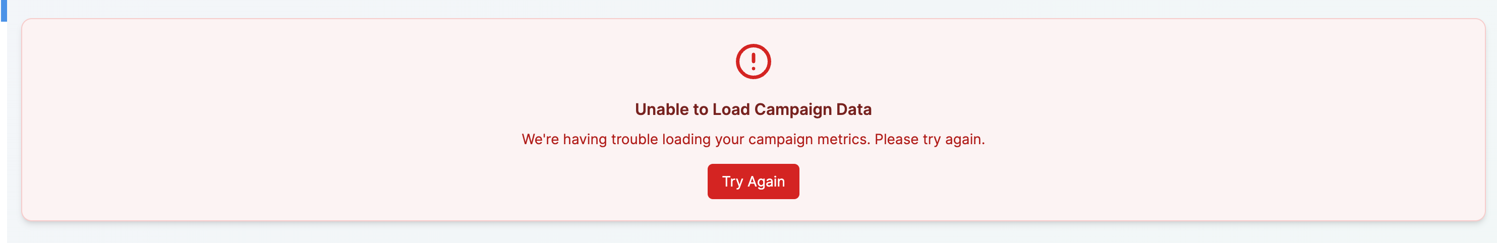 Error card with "Unable to Load Campaign Data" message and a Try Again button