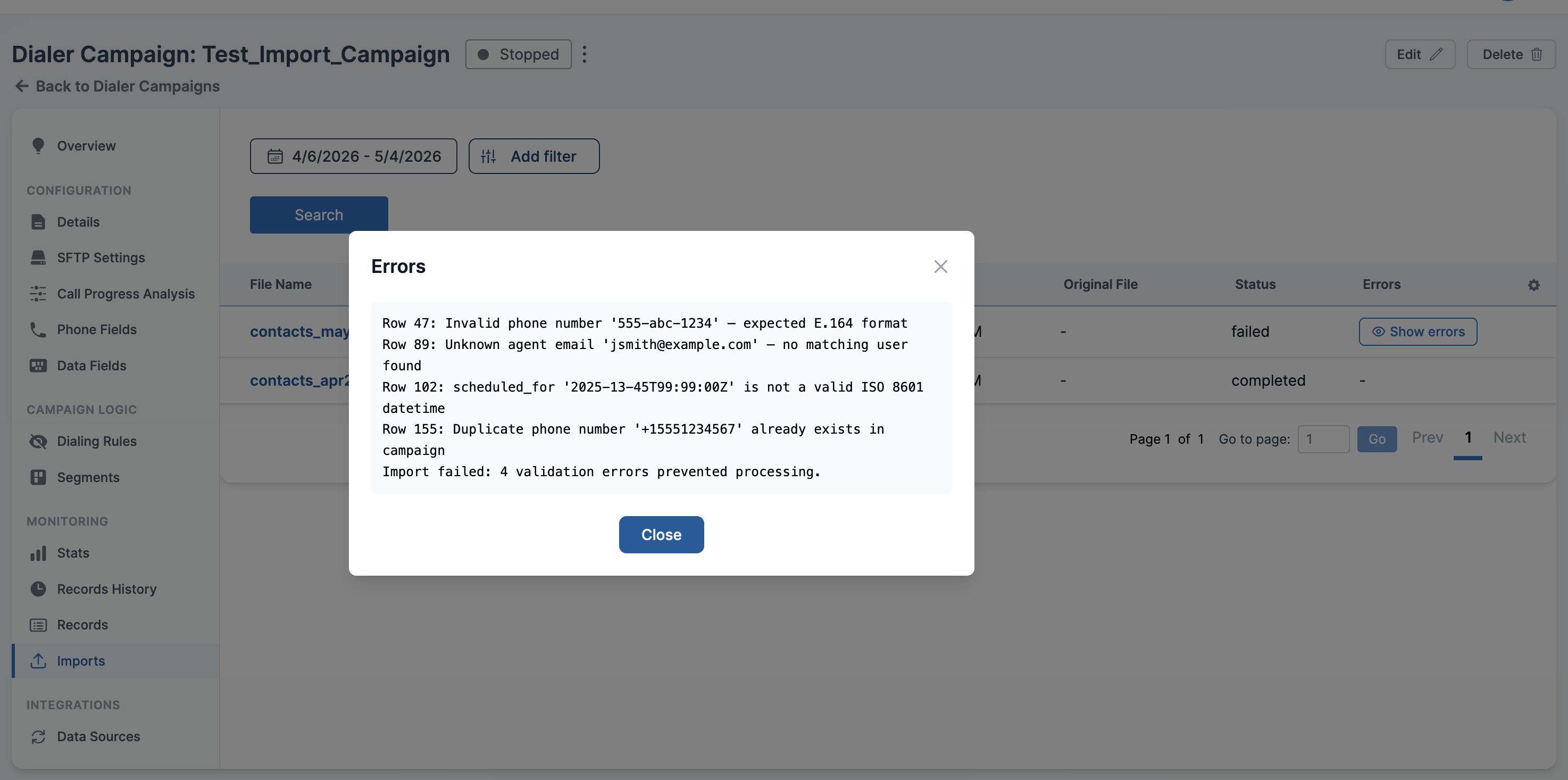 Errors modal