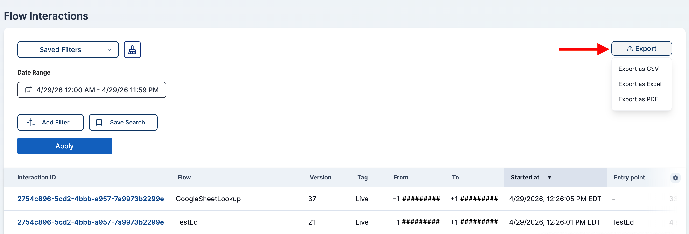 Flow interactions export dropdown