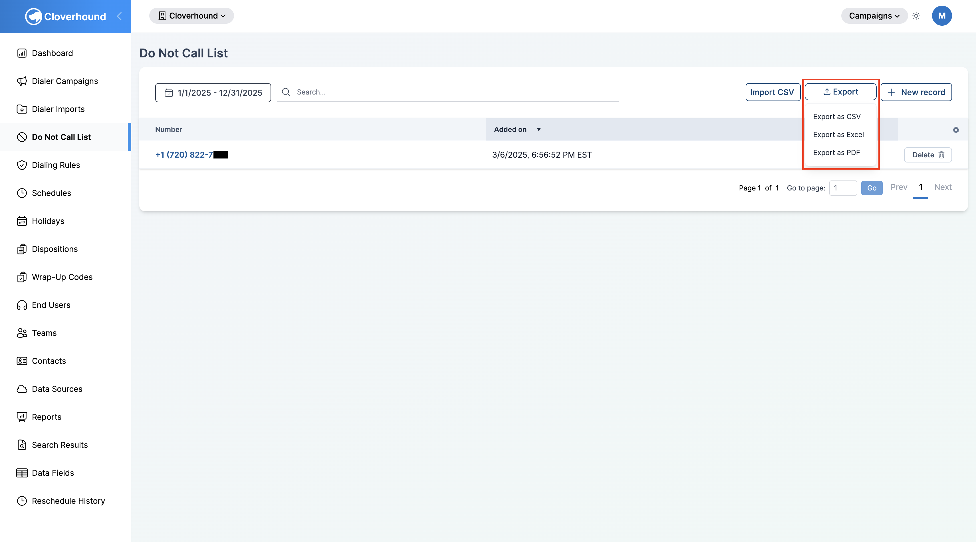 Export dropdown on the Do Not Call List