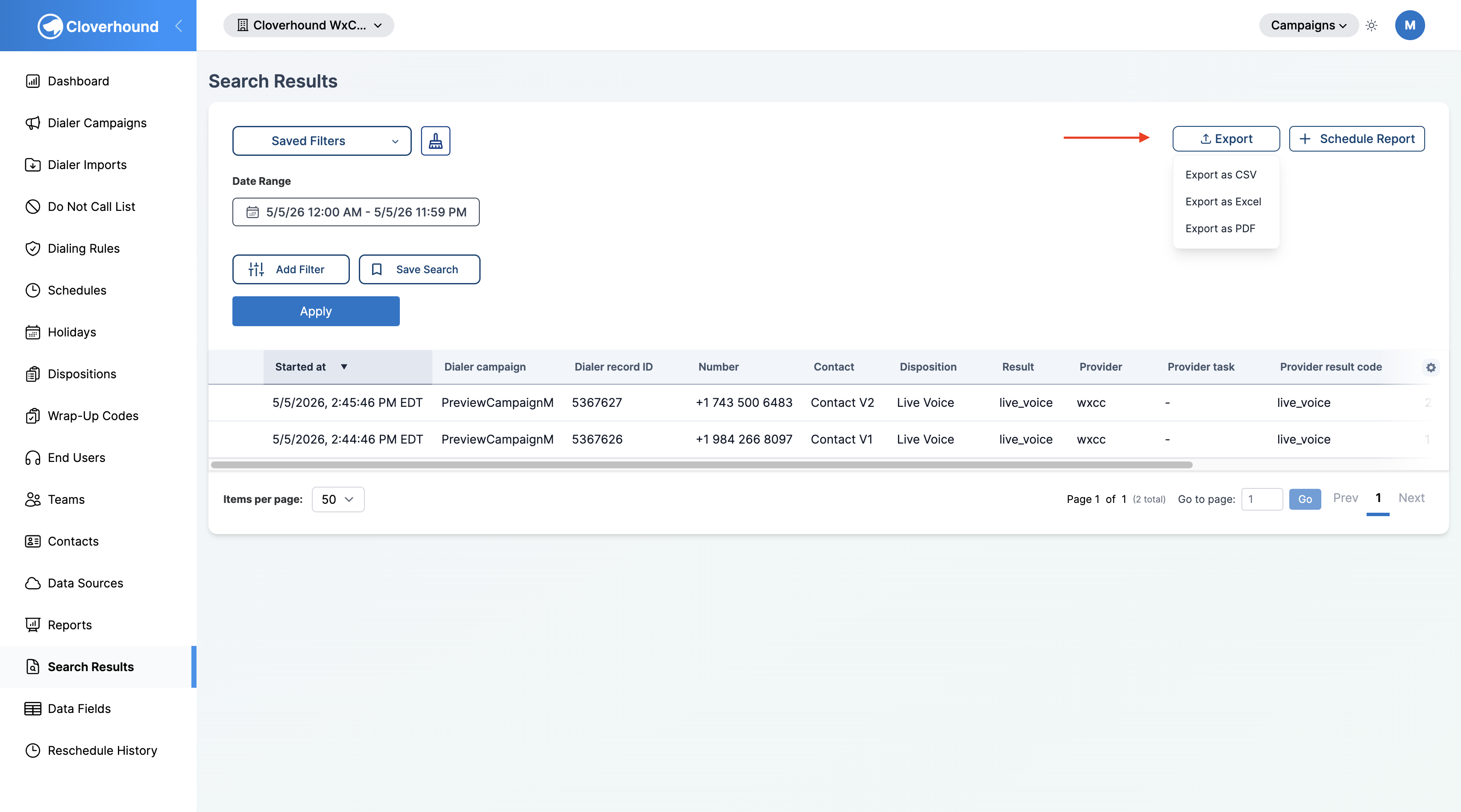 Export dropdown