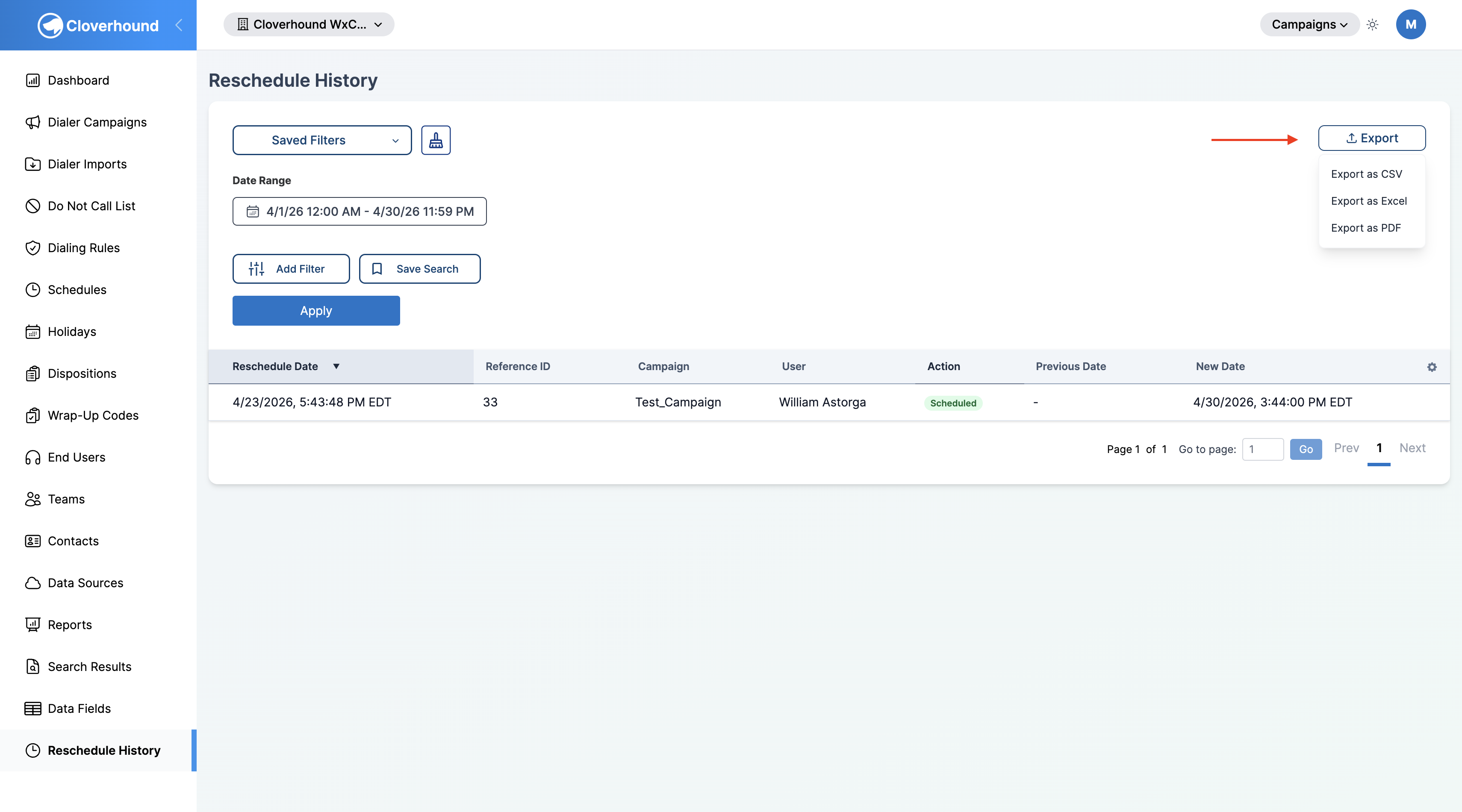 Export dropdown