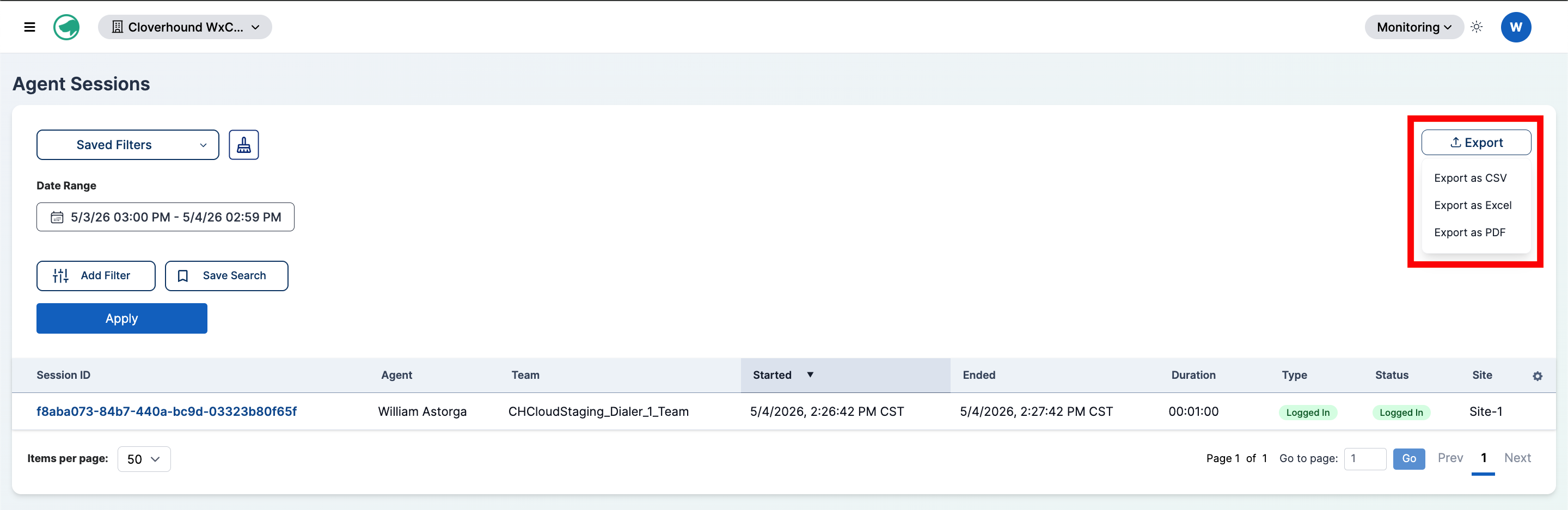 Agent Sessions export menu