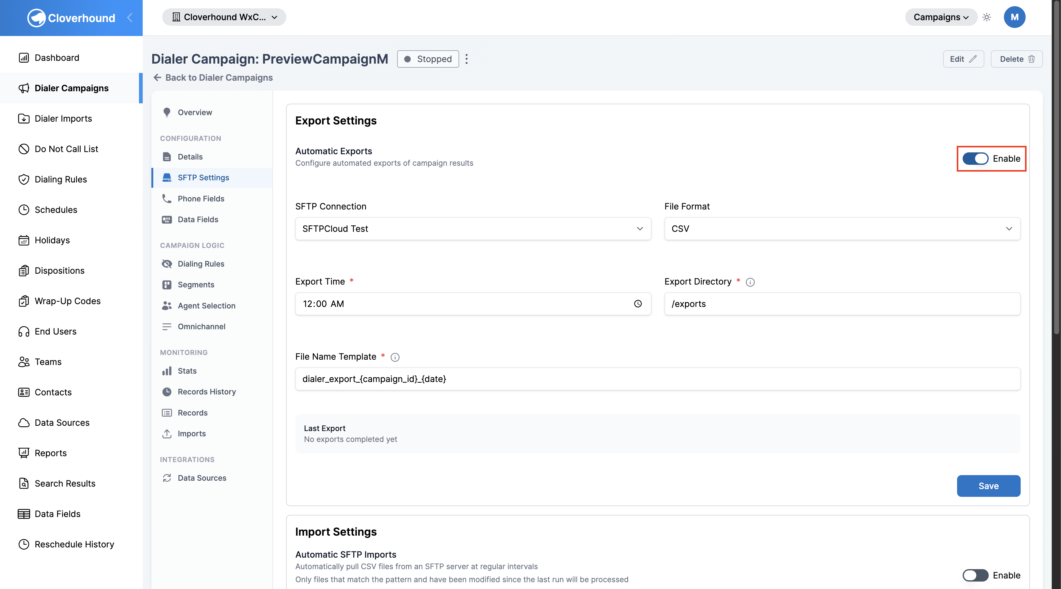 Export Settings section with Enable toggle and configuration fields