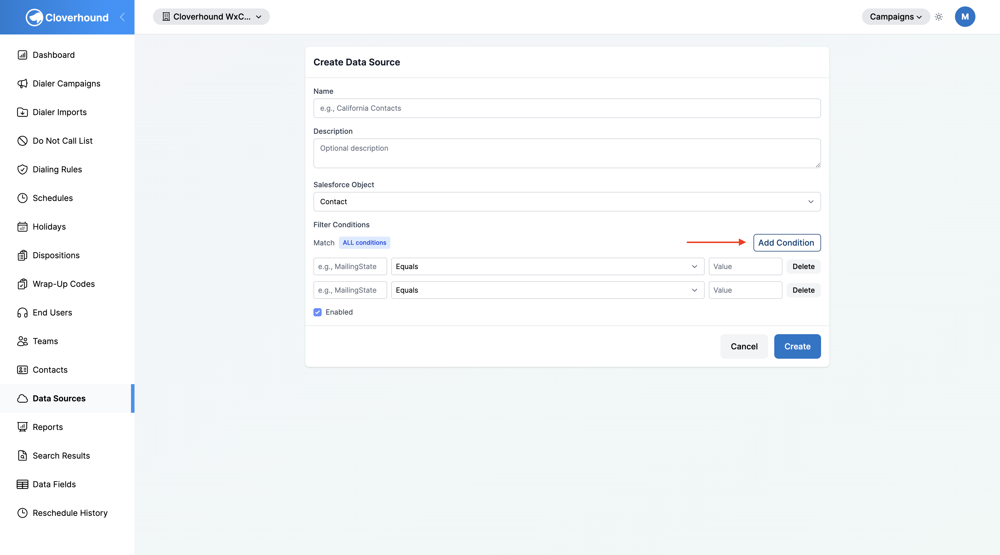 Filter conditions builder with match toggle