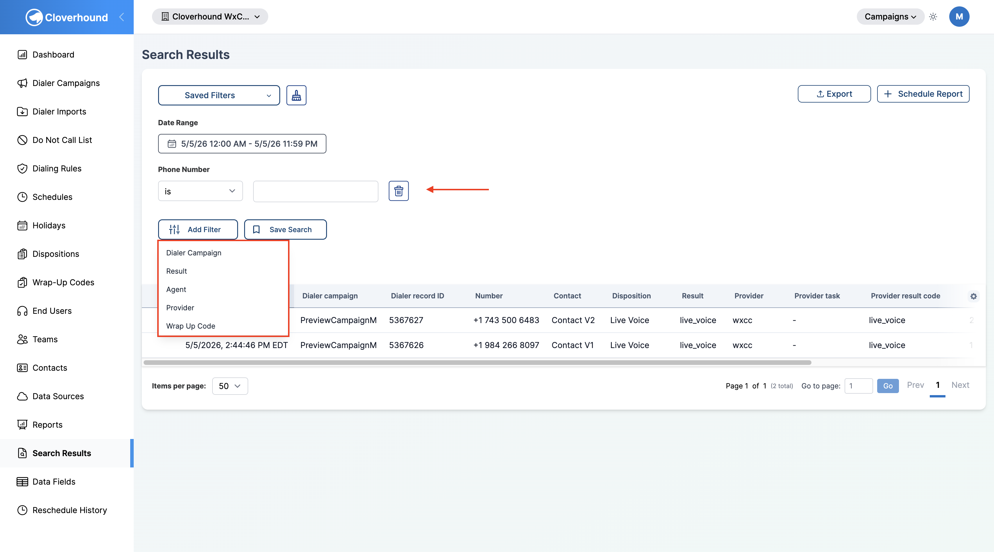Dialer Results filter list
