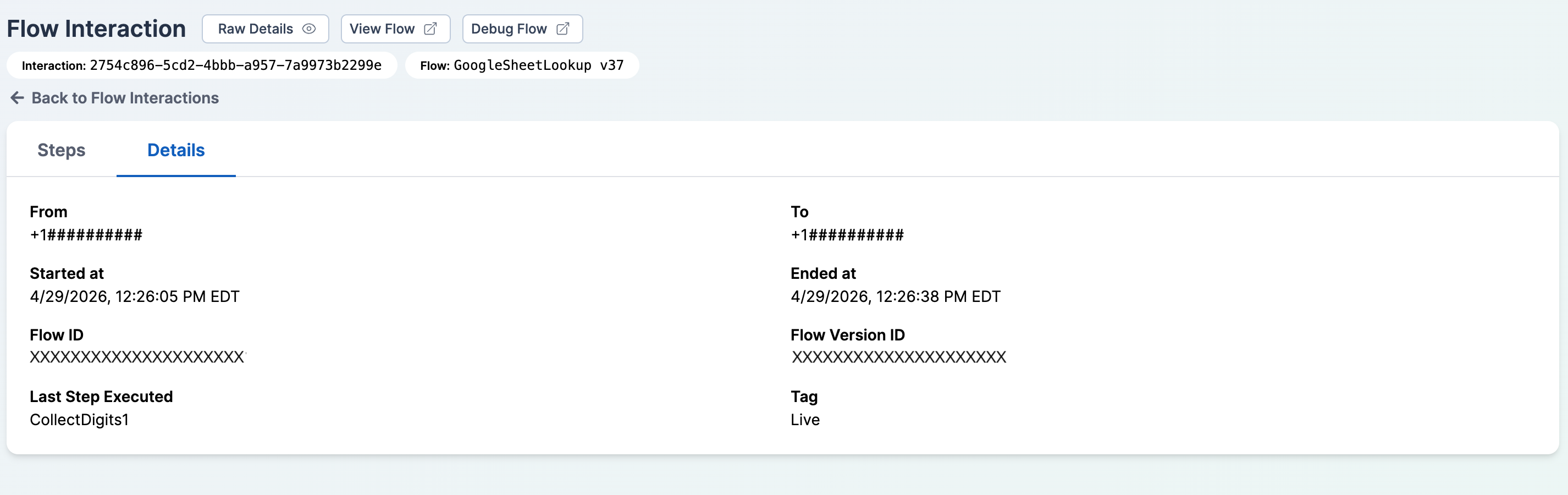 Flow interaction details tab