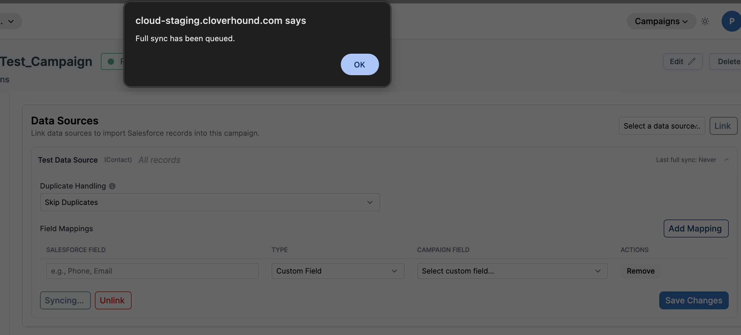 Force Full Sync and Unlink buttons