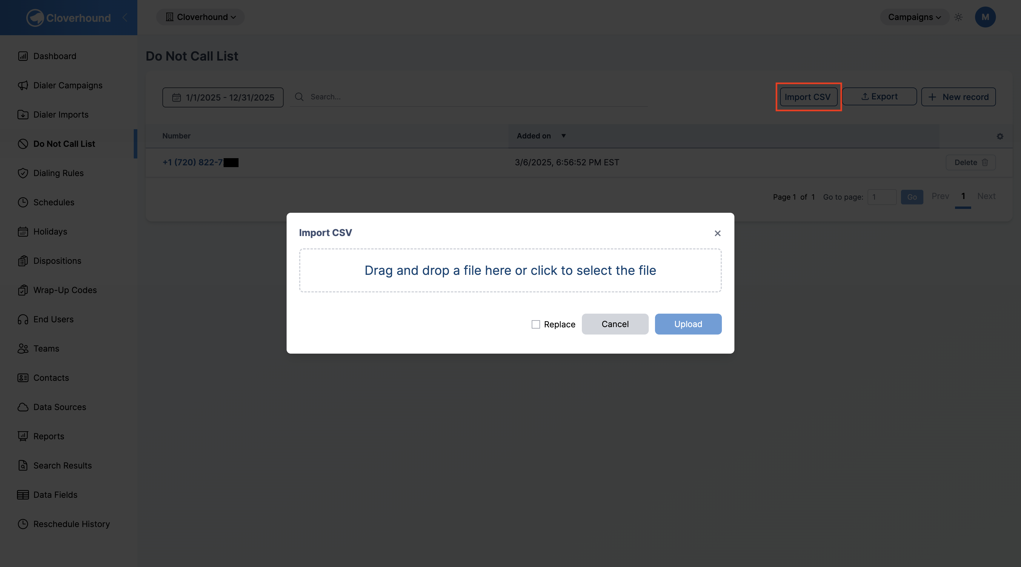 Import CSV modal on the Do Not Call List